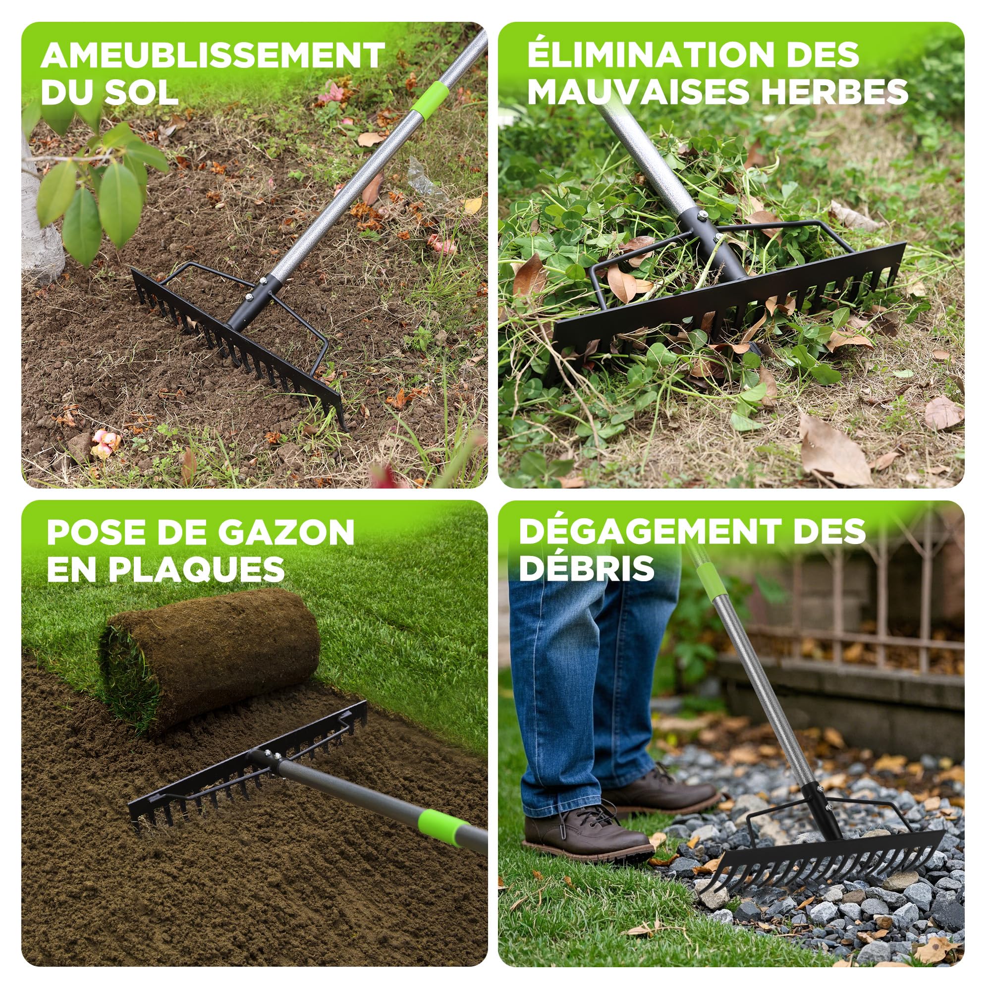 WORKPRO Râteau Robuste, Râteau Arceau 165 cm, Râteau de Jardin 17 Dents en Acier, Outil de Jardin avec Manche Réglable et Démontable, pour Ameublir Le Sol, Ramassage des Feuilles, Nivelage de Pelouse