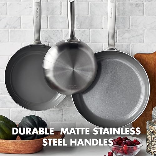 Miniatura 6 de GreenPan Chatham - Juego de 3 sartenes de acero inoxidable de tres capas, 8, 9.5, 11 pulgadas, sin PFAS, inducción, revestimiento antiadherente de