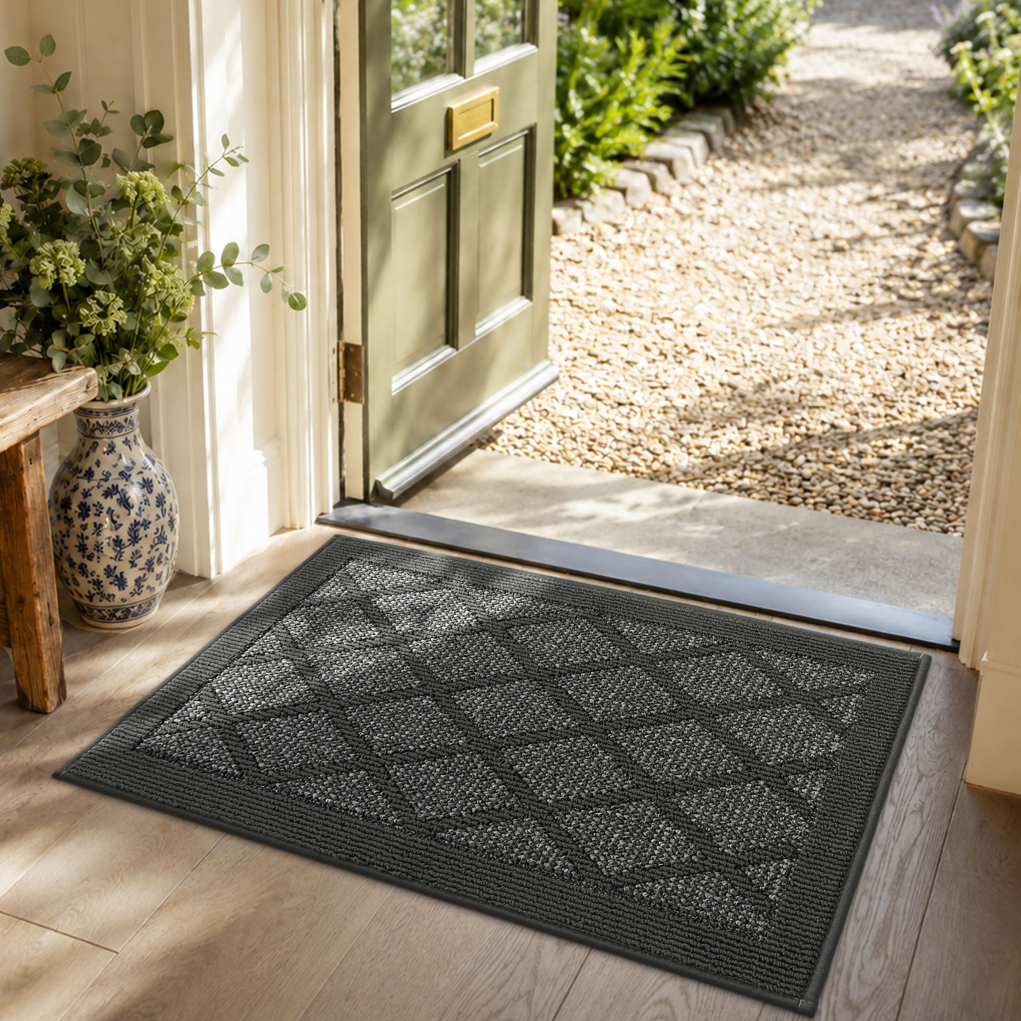 COSY HOMEER Indoor Door Mat Non Slip Floor Rug, Absorbent Dirt Trapper Door Matts, Machine Washable Floor Mat for Inside Hallway Kitchen Entrance,1cm Low Profile, Crease-Free Rolled, 50x80 cm, Grey