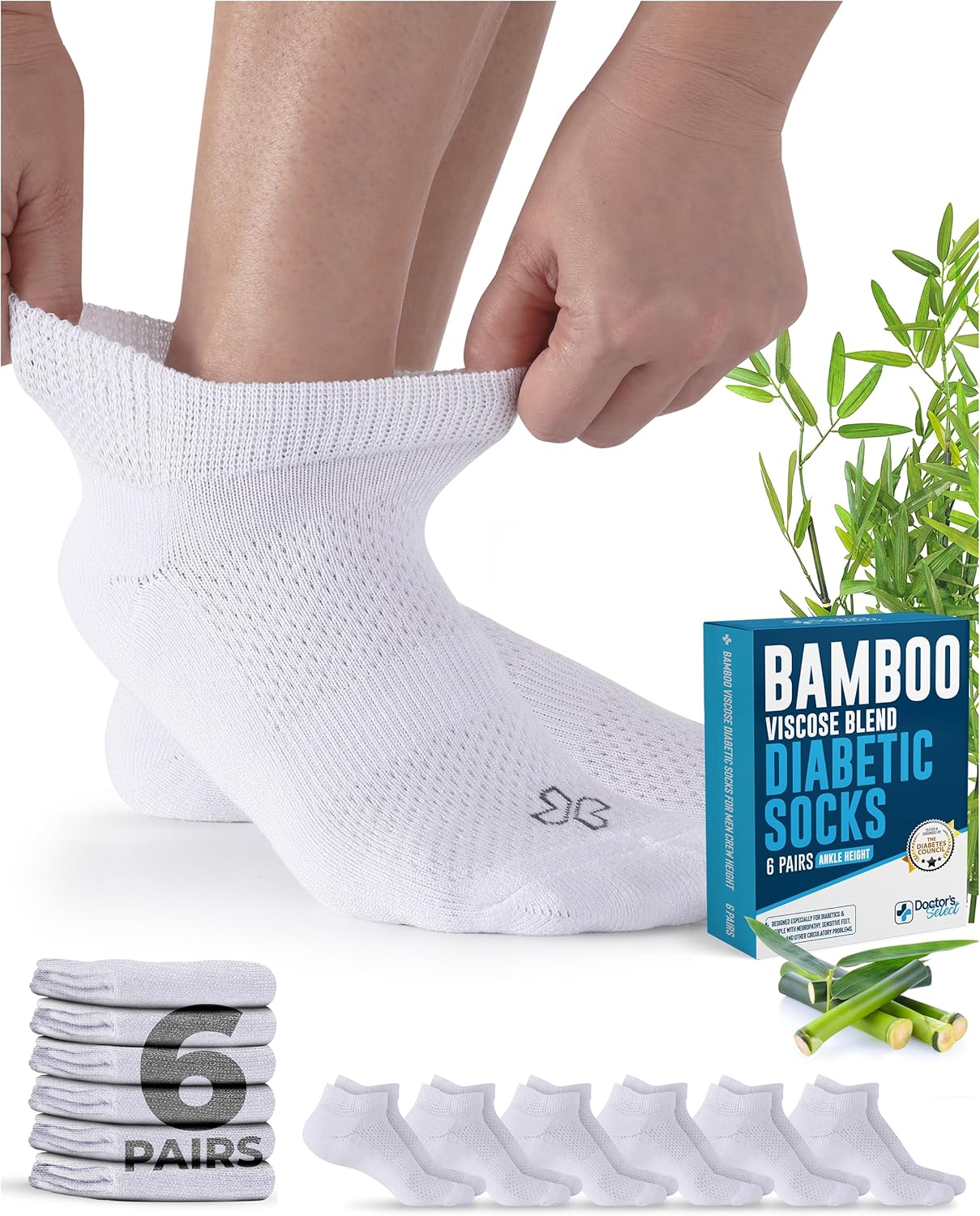 Doctor's Select Viscose Bamboo Ankle Diabetic Socks for Women and Men - 6 Pairs | Super Soft, Non Binding, Loose Wide Top
