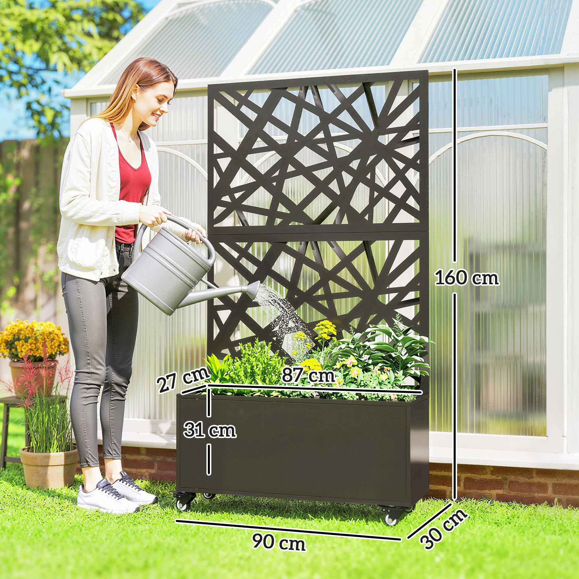 Outsunny Blumenkasten mit Sichtschutz Rankgitter 90 x 30 x 160 cm Schwarz | Pflanzkasten, Rolle, Pflanzkübel aus Metall, Blumenkübel, Rankkasten, Rankhilfe, für Garten, Balkon, Terrasse