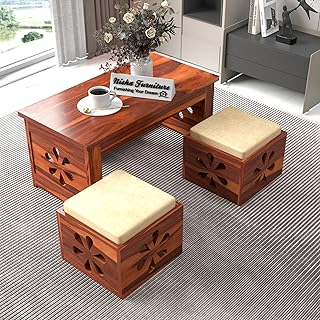 NISHA FURNITURE Sheesham Wooden Coffee Table with 2 Stool for Home, Office, Meeting Room | Wooden Center Coffee Table for 