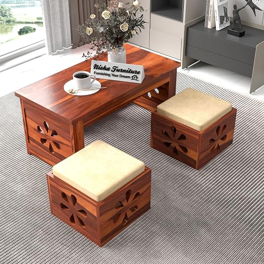NISHA FURNITURE Sheesham Wooden Coffee Table with 2 Stool for Home, Office, Meeting Room | Wooden Center Coffee Table for ...
