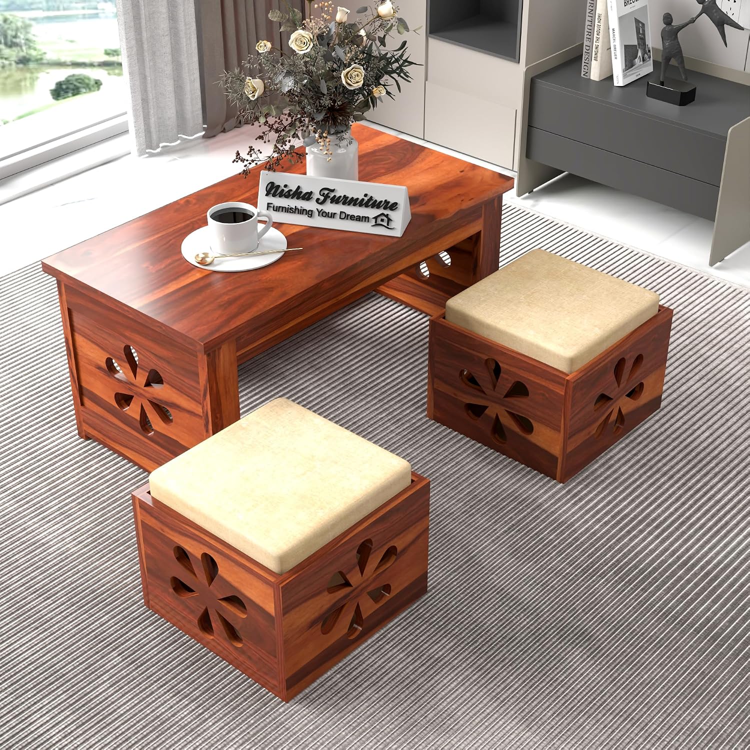 NISHA FURNITURE Sheesham Wooden Coffee Table with 2 Stool for Home, Office, Meeting Room | Wooden Center Coffee Table for ... - Review, Price and Buying Guide