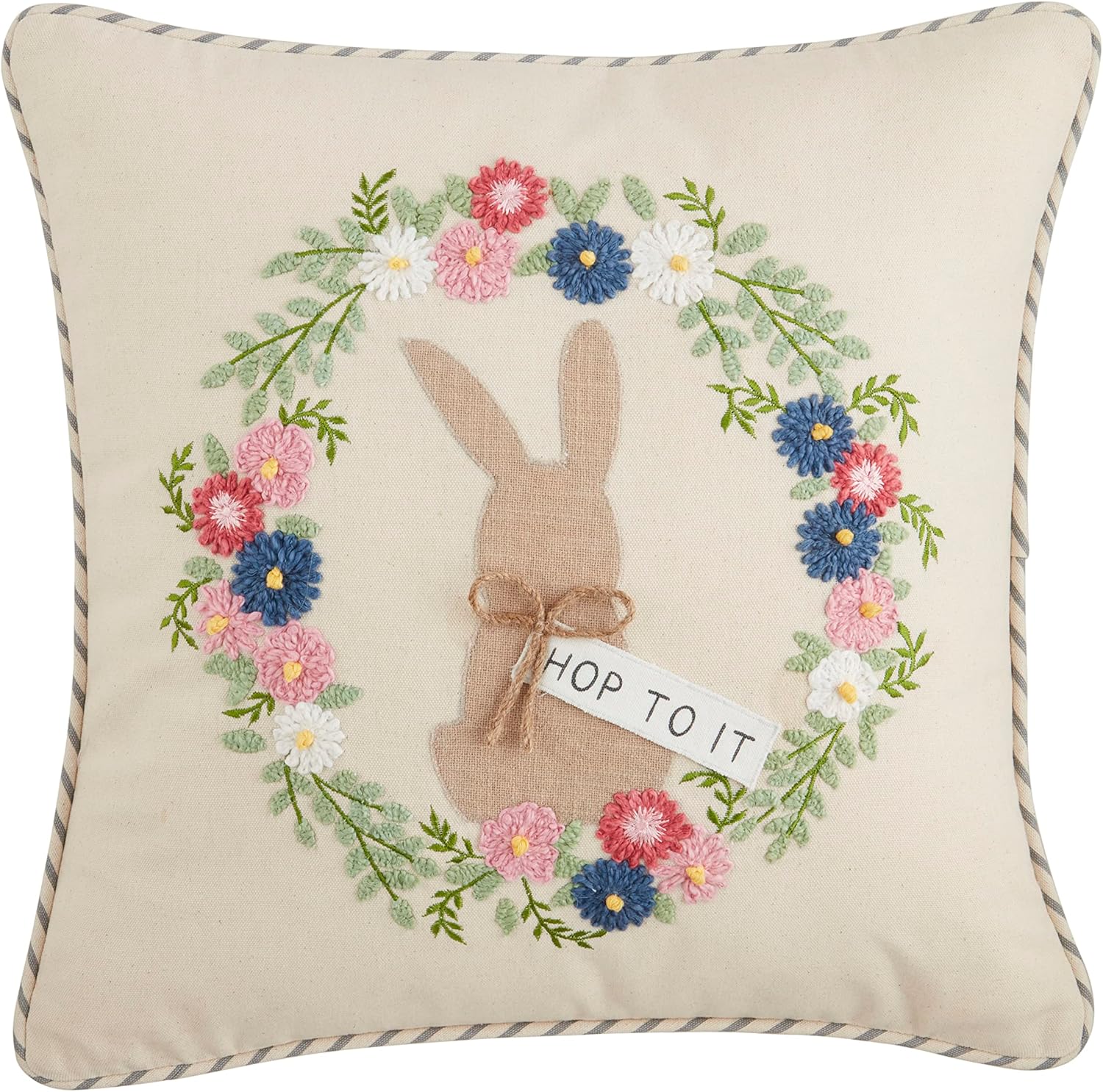 Mud Pie Bunny Embroidered Pillows, 19" x 18", Happy