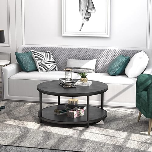 Miniatura 7 de EdMaxwell Mesa de centro redonda negra para sala de estar 358 pulgadas diseño industrial rústico muebles de mesa circular patas de marco de metal