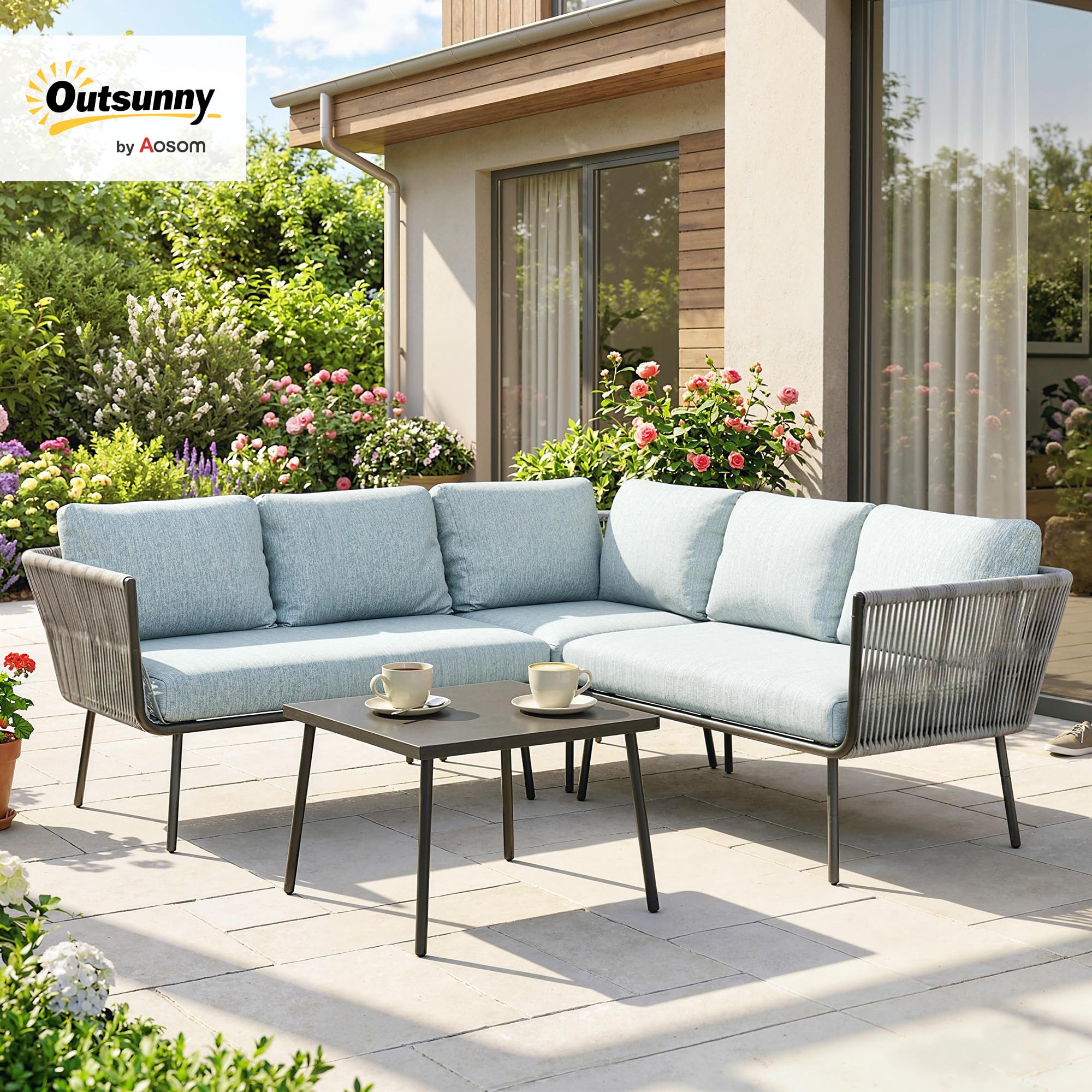 Outsunny Conjunto de Muebles de Ratán 4 Piezas con Marco de Aluminio Set de Muebles de Jardín 2 Sofá de 2 Plazas Sofá de Esquina Mesa de Centro con 6 Cojines Acolchados para Exterior Patio Azul Claro