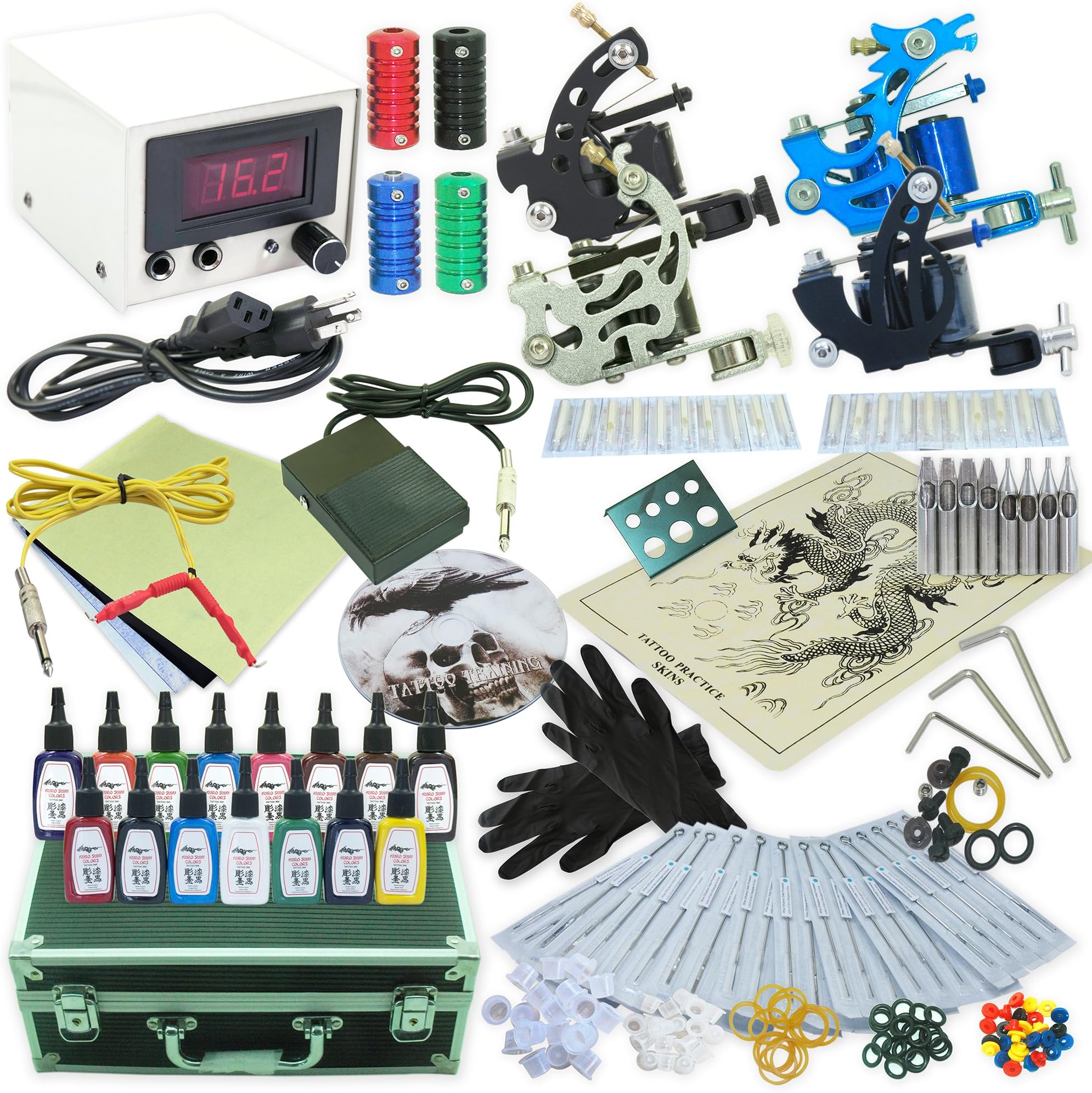 Complete Tattoo Kit 4 Machine Guns Set Equipment Power Supply 15 Color Inks TKT020