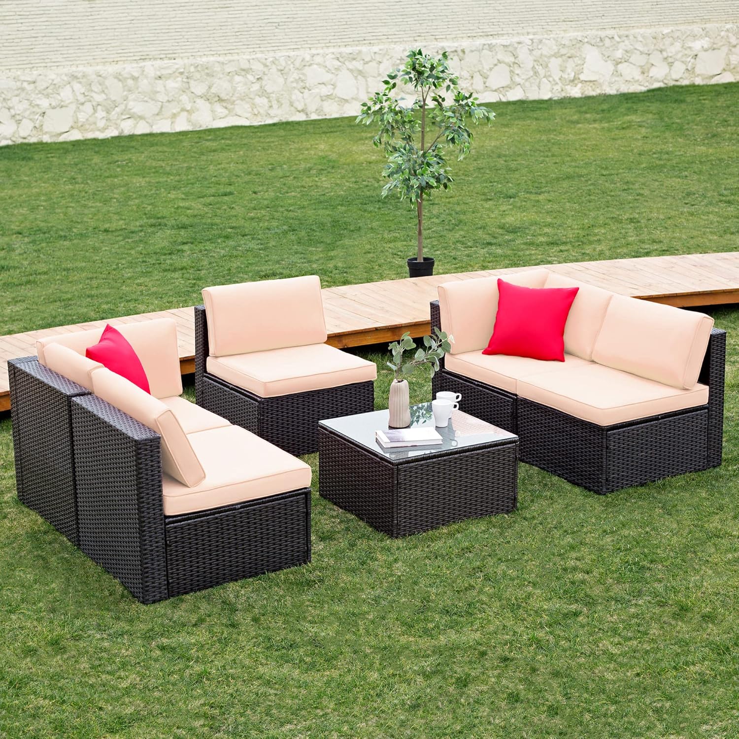 Flamaker 6 Piece Patio Furniture Outdoor Wicker Sectional Sofa with Thick Cushions & Tempered Glass Table Rattan Conversation Set for Deck, Porch, Terrace (Beige)