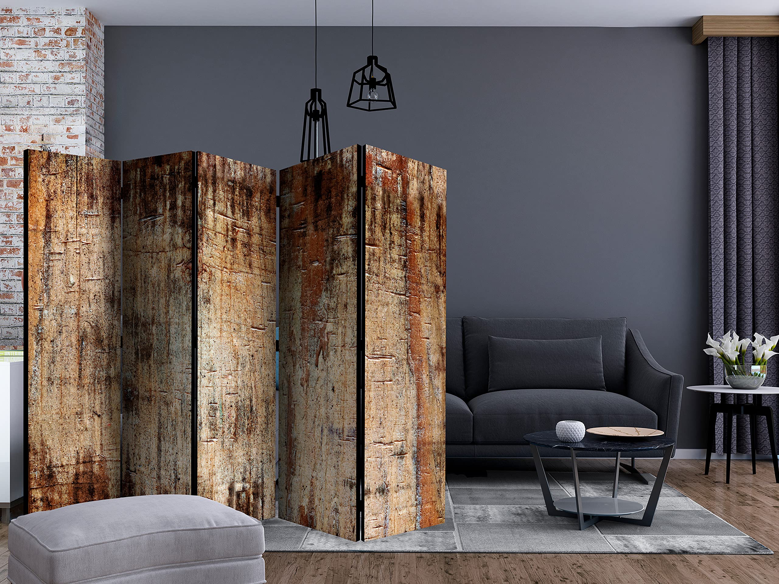 decomonkey Paravent décoratif intérieur Pierre Bois Abstrait 225x172 cm | Cloison de séparation imprimée sur Toile, Paravent en Bois, deux côtés, Beige Marron Blanc épicé Miel Arbres Texture Fond