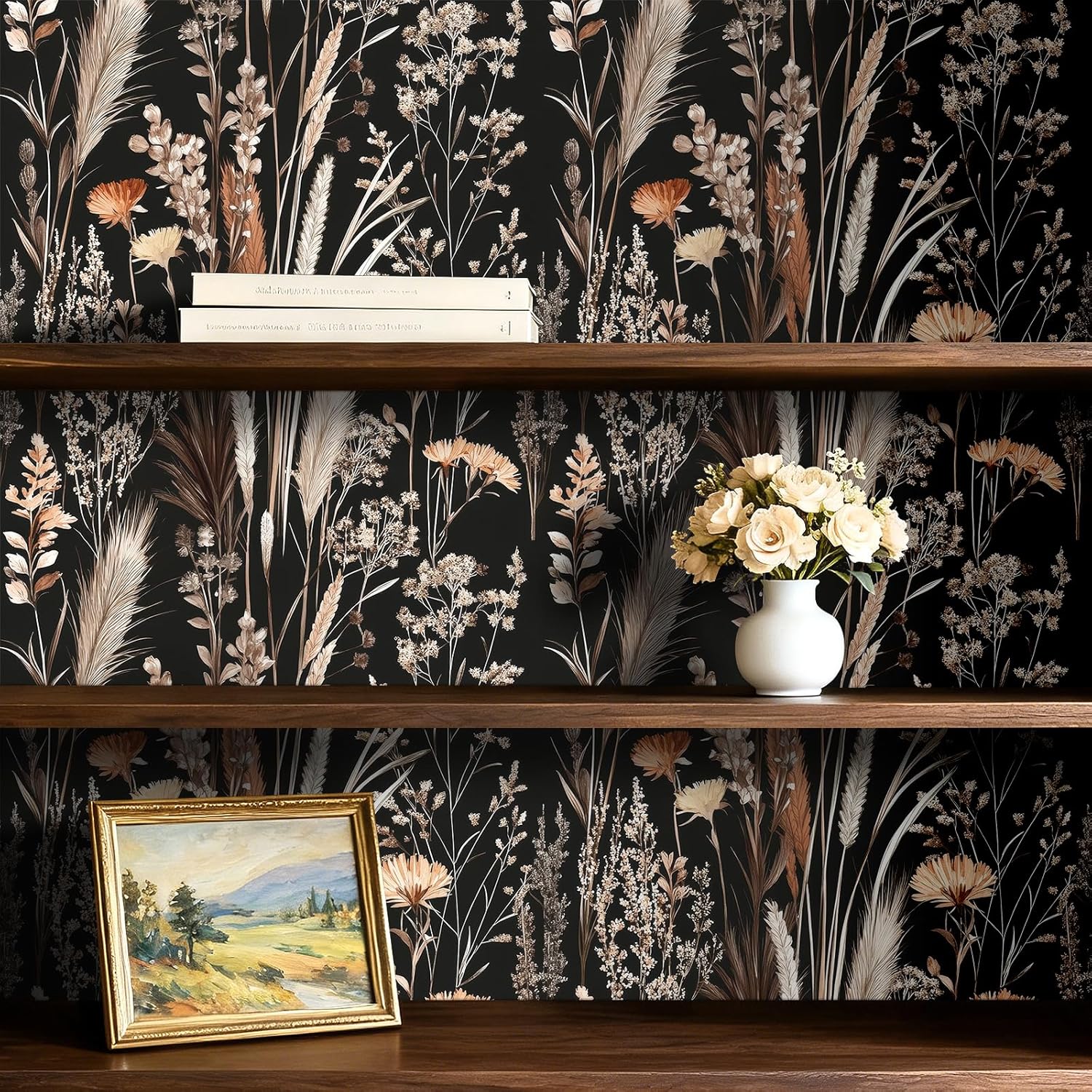 17.5x393 Dark Moody Botanical Nature Peel and Stick Wallpaper Vintage Dark Floral Wallpaper Bedroom Rustic Cottage Core Farmhouse Black Botanical Contact Paper Self Adhesive Renter Friendly