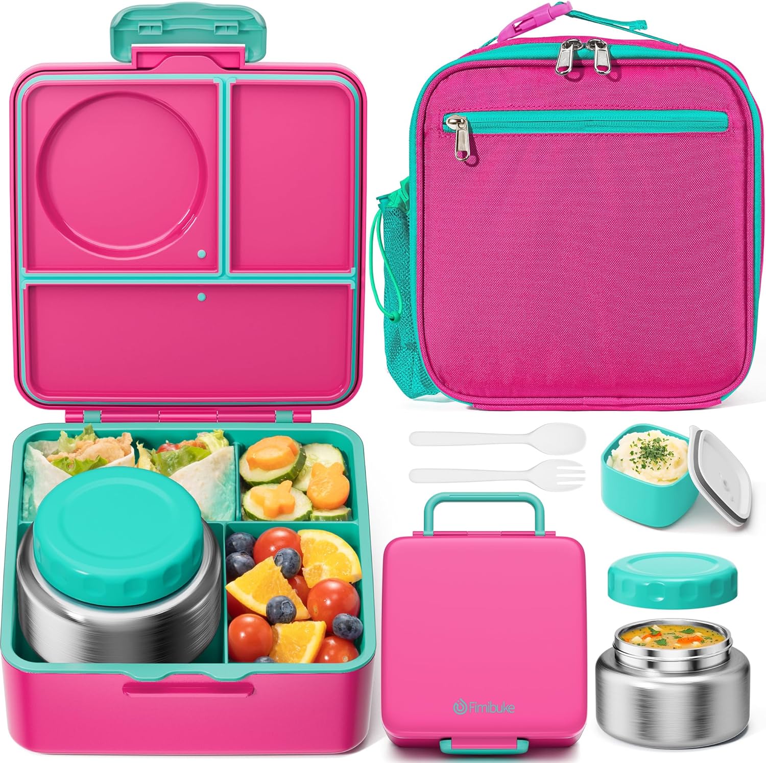 Fimibuke Bento lunch Box Set for Kids Adult with 8oz Insulated Food Jar, Lunch Bag & Sauce Cup, Leakproof Dishwasher Safe Toddler Lunch Food Container with 3-4 Compartment for School Girls Boys