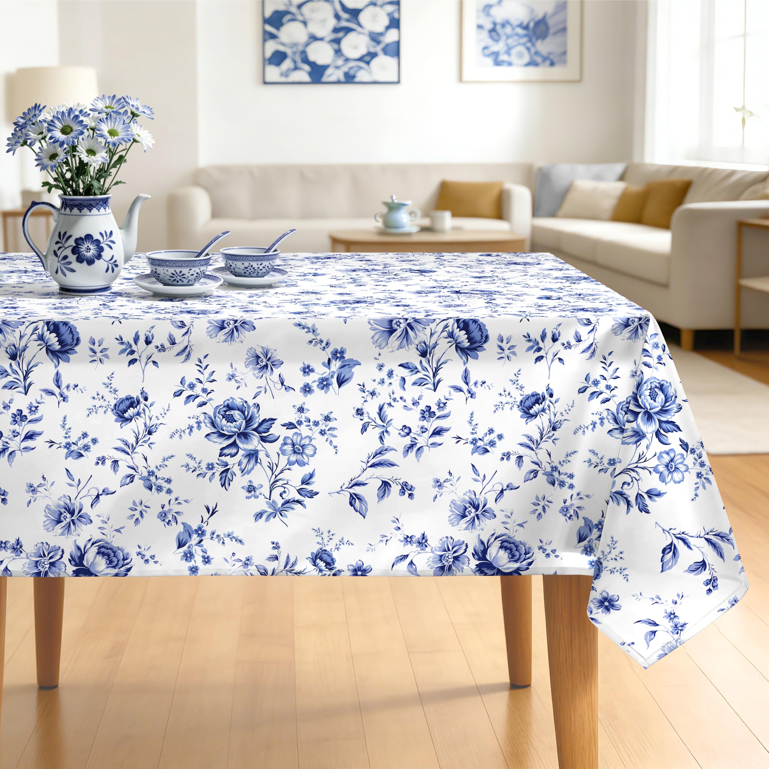 Photo 1 of Arquiel Watercolor Blue Floral Tablecloth Waterproof, Rose Flower Rectangle Table Cloth, Washable Table Cover for Kitchen Dining Party Decor (60×120 Inch)