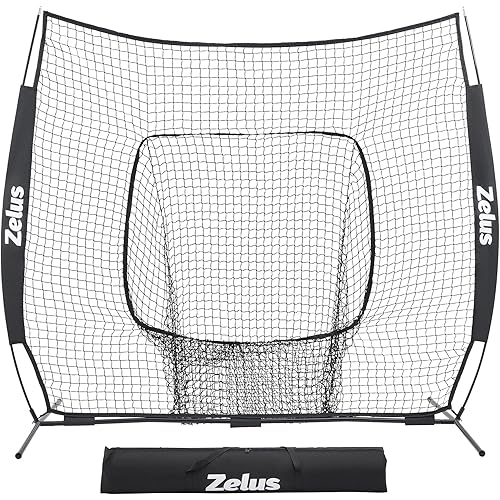 ZELUS Baseball Net 7 ft x7 ft, Softball Hitting & Pitching with Carry Bag, Ground Stakes, Portable Backstop & Bow Frame, Training Equipment for All Ages