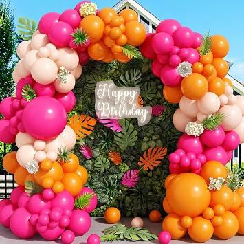 Pink and Orange Balloon Arch Kit, Hot Pink Orange Peach Garland Balloon, Fuchsia Magenta Latex Balloons for Baby Shower Birthday Wedding Tropical Hawaiian Beach Flamingo Sunset Party Decorations