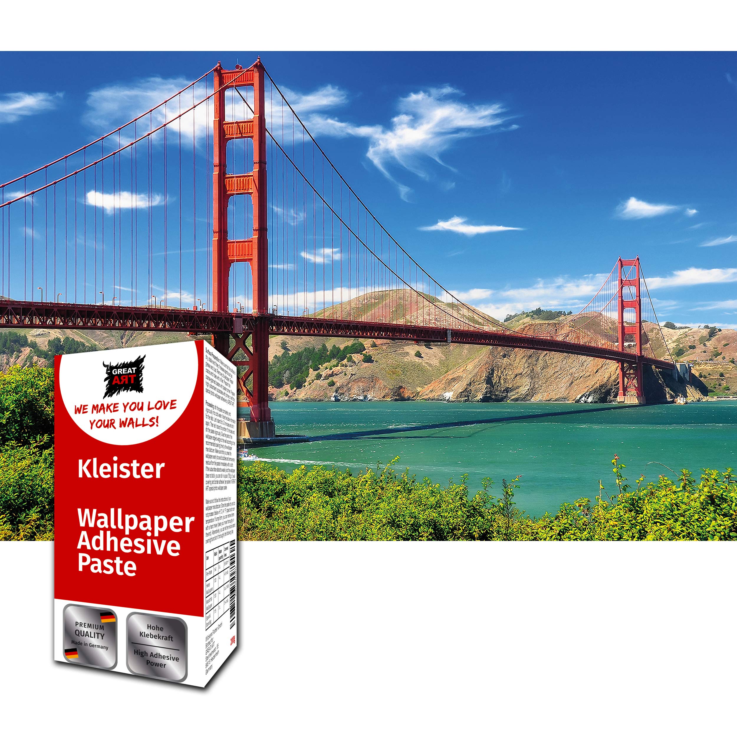 GREAT ART Photo Wallpaper Golden Gate Bridge 210x140 cm / 82.7x55in – San Francisco Bay Area West Coast Suspension Bridge Pacific Ocean Mural – 5 Pieces Includes Paste