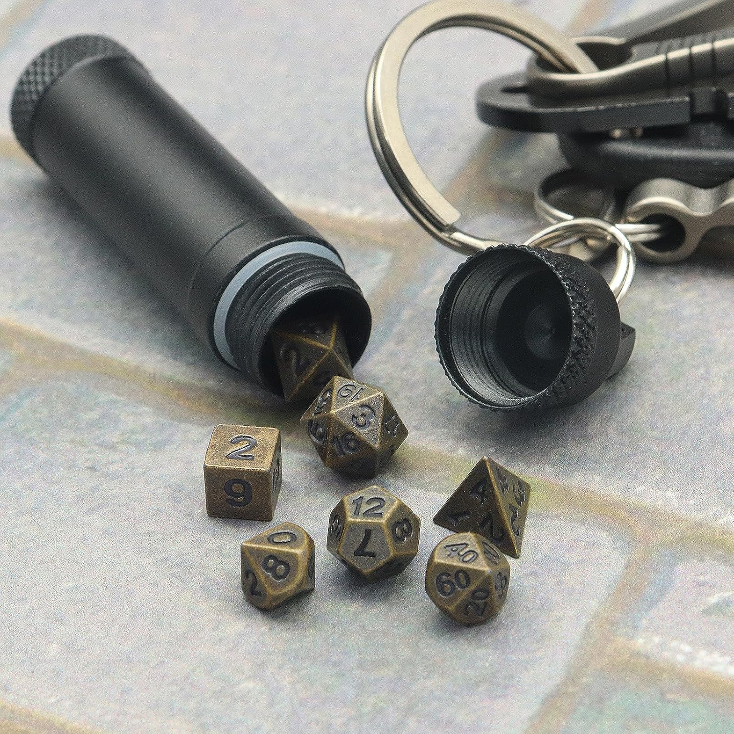 PJOY Mini Dice Set Portable Tiny Keychain DND Dice with D&D Dice Case 7PCS Antique Bronze Small Metal Dice Set for Role Playing Dice Games Compatible with Dungeons and Dragons Gifts