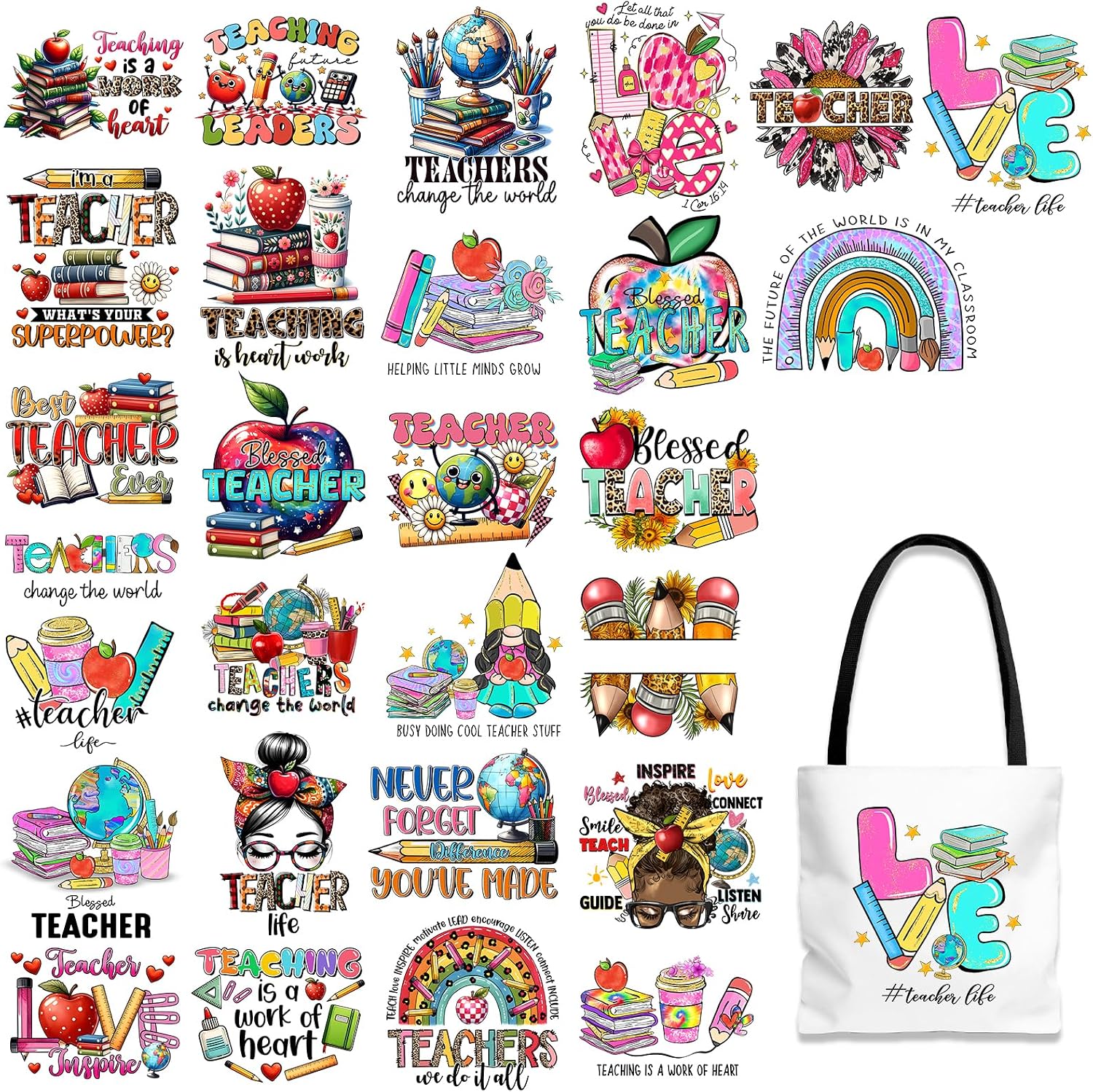 Tintnut Teacher Theme DTF Transfers Ready to Press,28 Pcs Iron on Transfers | School Iron on Decals,no weeding required,stretch resistant,colorfast,works with iron & heat press for fabric