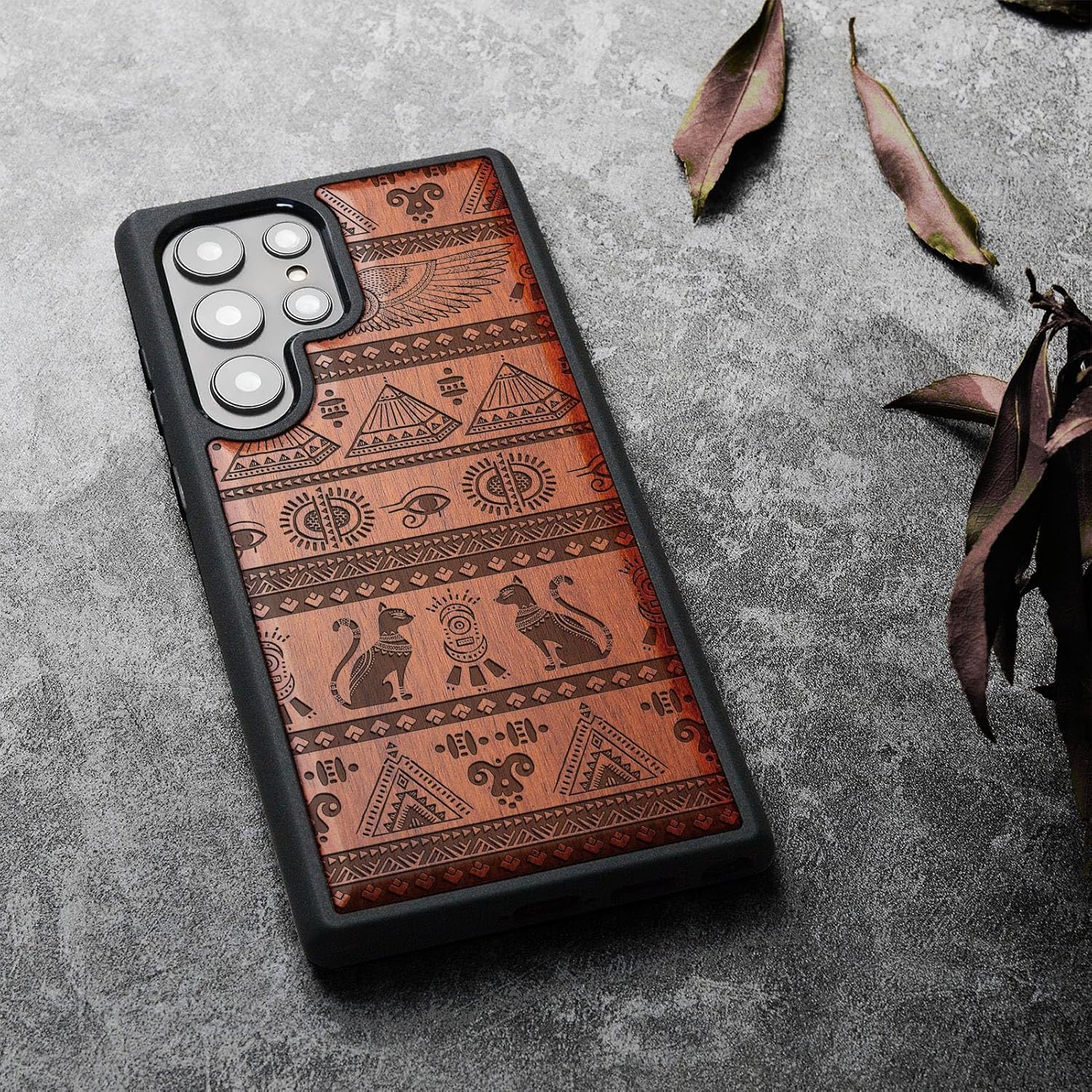 Carveit Wood Case for Galaxy S24 Ultra Case [Natural Wood & Black Soft TPU] Shockproof Protective Cover Unique Wooden Design Compatible with Samsung S24 Ultra (The Symbols of Egypt-Rosy)