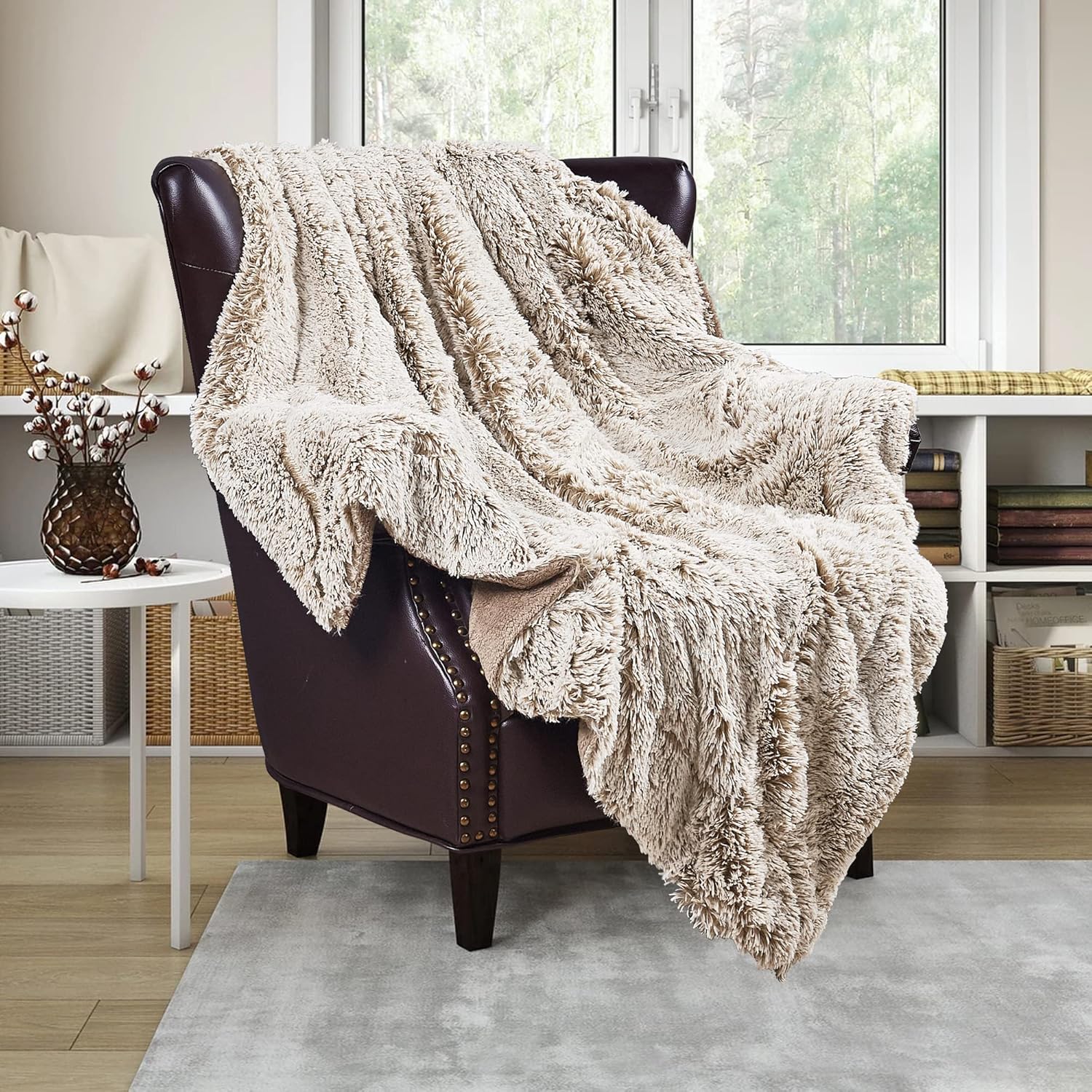 Woolly Faux Fur Plush Shaggy Throw Blankets with Microplush Back, Soft Cozy Fluffy Fuzzy Luxury Throw for Couch Sofa Chair Bed Cover, Bedroom Living Room Decor Blanket, 50 x 60 in, Desert Tan
