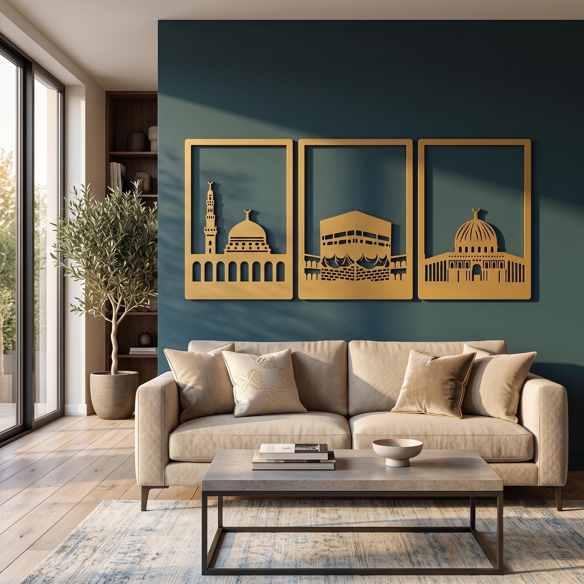 Islamic Wall Art Decor 3 Piece Set – Kaaba, Masjid Al-Nabawi & Al-Aqsa Mosque Silhouette Wooden Wall Hanging | Golden Laser Cut Frame | Islamic Home Decor Gift for Muslim Home, Bedroom, Living Room-image-26