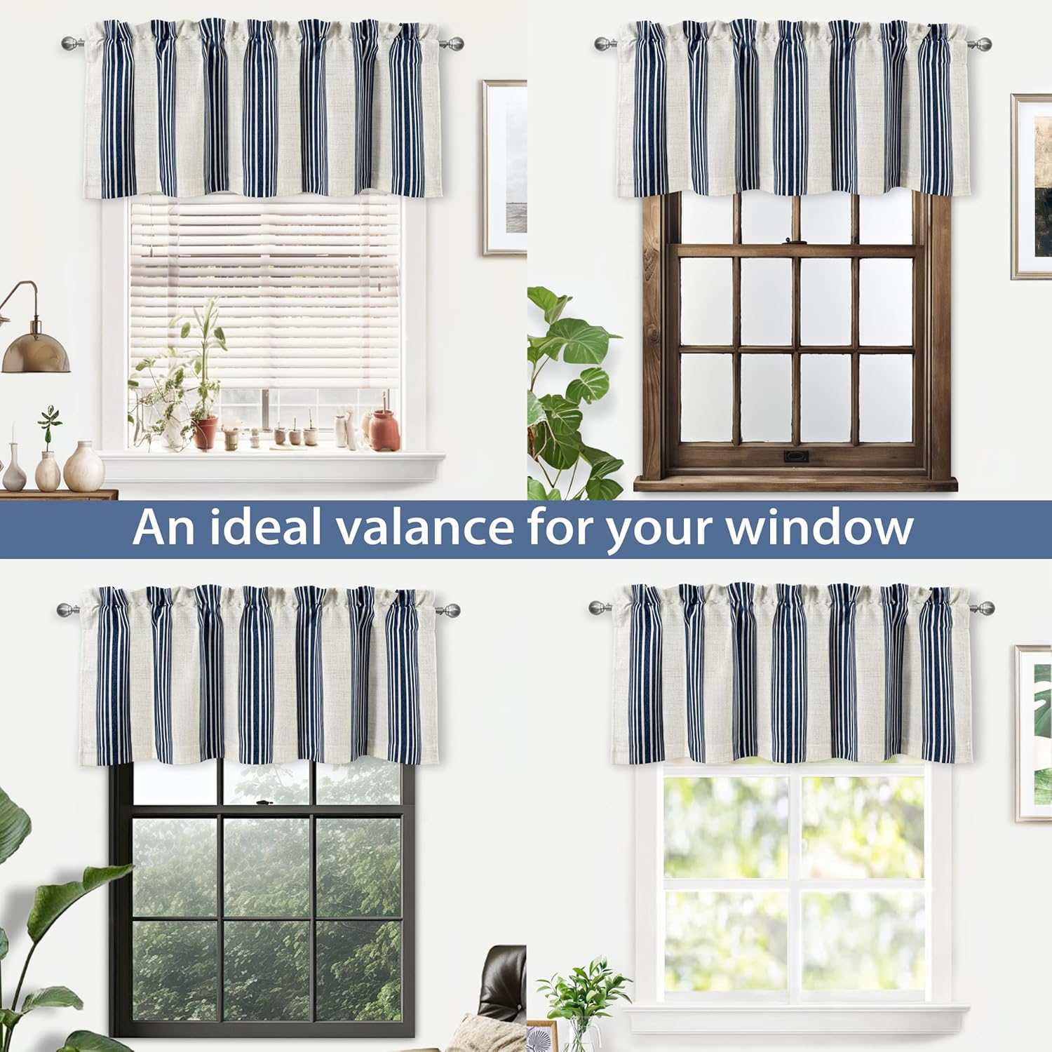 Driftaway Chris Linen Lined Valance Double Layer Thermal Insulated Room Darkening Blackout Window Valances 3 Inch Rod Pocket Vertical Striped Kitchen Valance for Bathroom 52 by 18 Inch Ivory Dark Blue