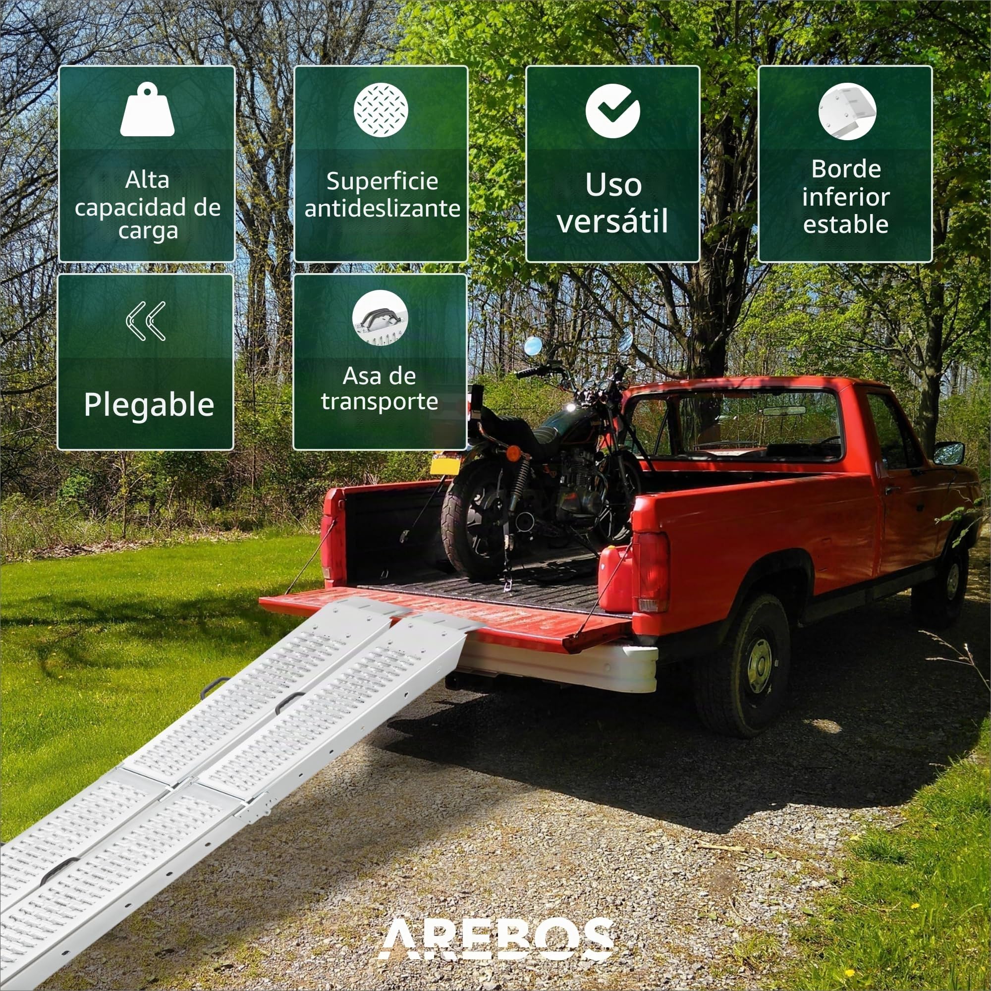 Arebos 2X Rampa Plegable | Rampas de Carga 400 kg MAX. | Rampa Plegable para Moto y rampa de Acceso | Acero | Plegable