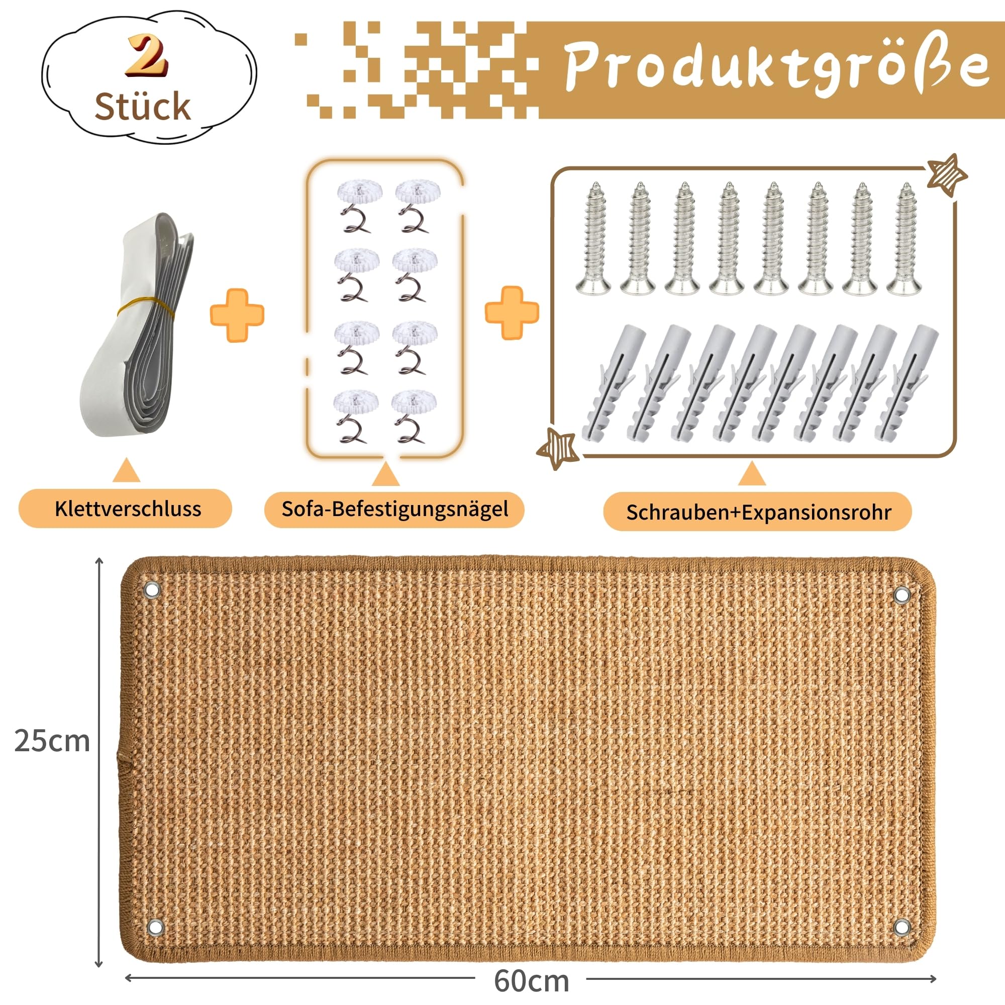 JanYoo 2 Stück Kratzmatte aus Sisal, Kratzmatte für Katzen, mit Klebeband, Katzenkratzmatte, Teppich zum Schutz der Wand, 60 × 25 cm (Braun)