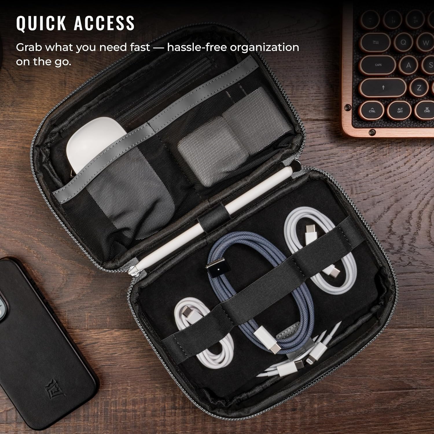 Kings Loot Tech Bag | Handcrafted Full-Grain Leather Electronics Organizer | Innovative Flat-Lay Design | Expertly Designed Storage Compartments | Slim & Compact (Moonlit Onyx)