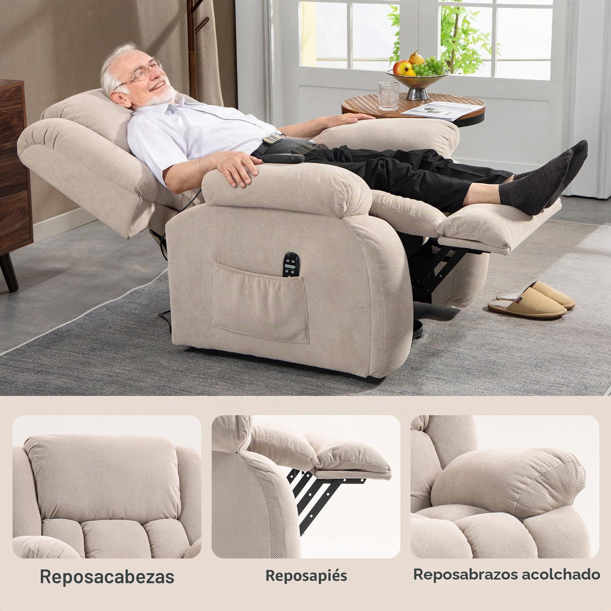 HOMCOM - Silla elevadora eléctrica con función de masaje y calefacción, sillón relax eléctrico con respaldo reclinable, puertos USB, mando a distancia, reposapiés y bolsillo lateral, color beige