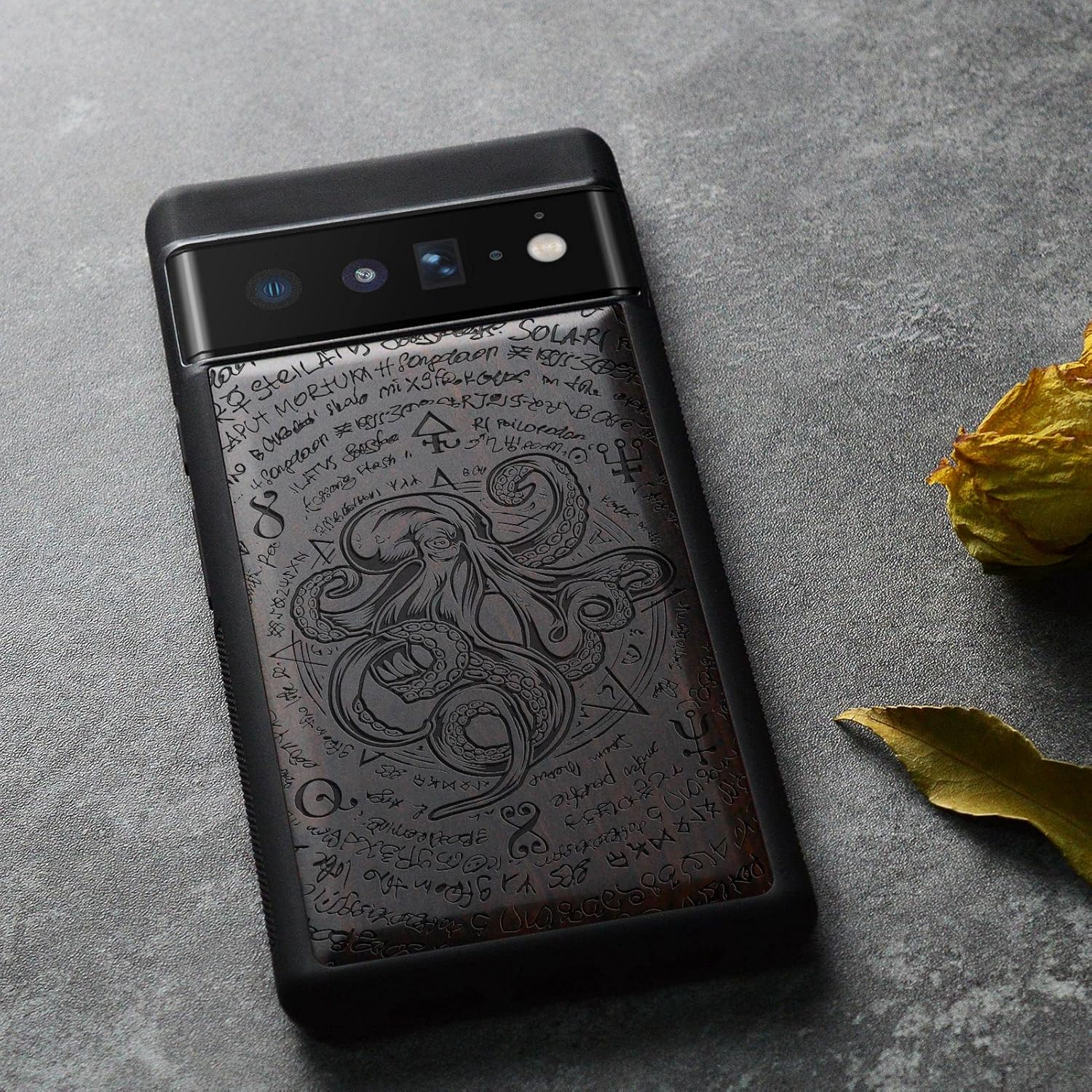 Carveit Wood Case for Pixel 6 Pro Case [Natural Wood & Black Soft TPU] Shockproof Protective Wooden Cover Compatible with Google Pixel 6 Pro (Octopus of Old Manuscript-Blackwood)