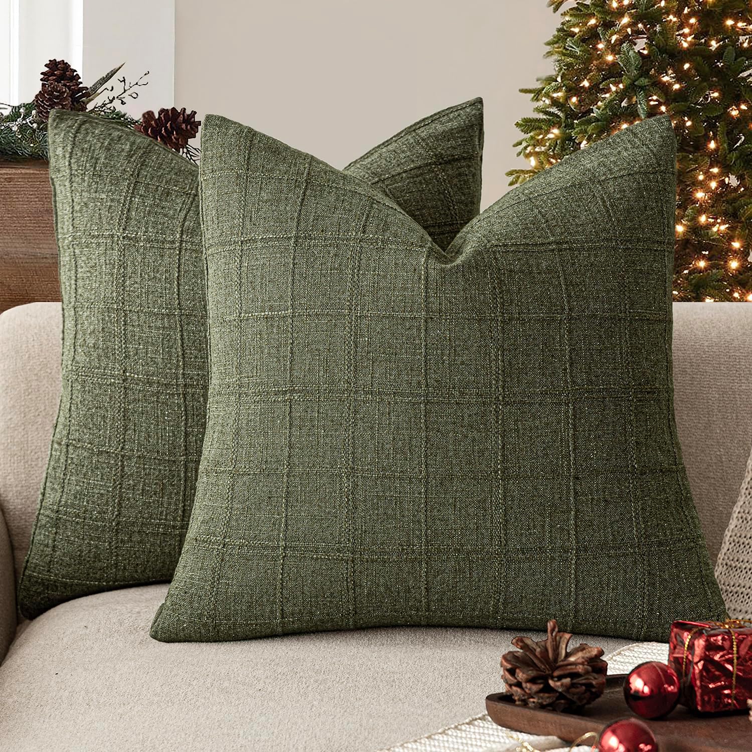 Foindtower Set of 2 Decorative Linen Check Throw Pillow Covers Neutral Farmhouse Vintage Cushion Covers Modern Boho Home Decor for Sofa Chair Couch Bedroom Living Room,2626 Inch,Olive Green