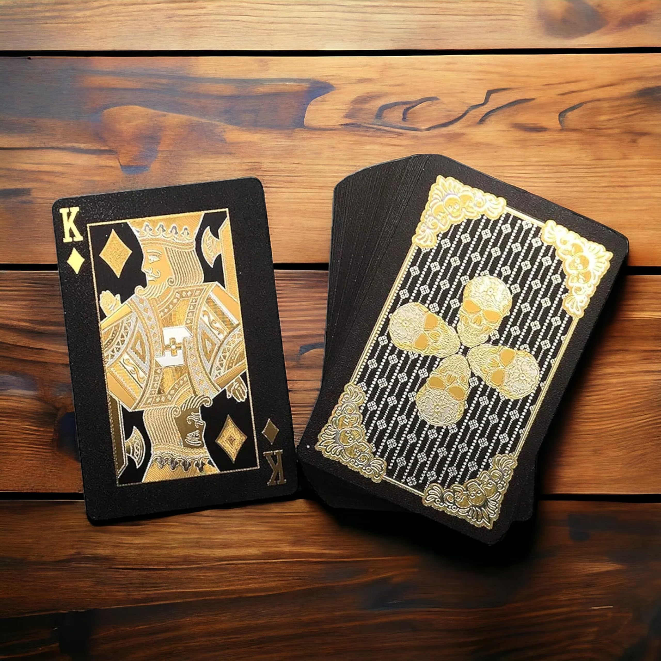 GOLD GAMES Waterproof Black Playing Cards, Luxury Deck of Cards with Shiny Diamond Pattern & HD Printing, Premium Plastic Poker Cards | Durable & Flexible 1 Deck for Adult (4 Skull Black Gold) (B0DBJ8GZ37) Amazon Price History, Amazon Price Tracker