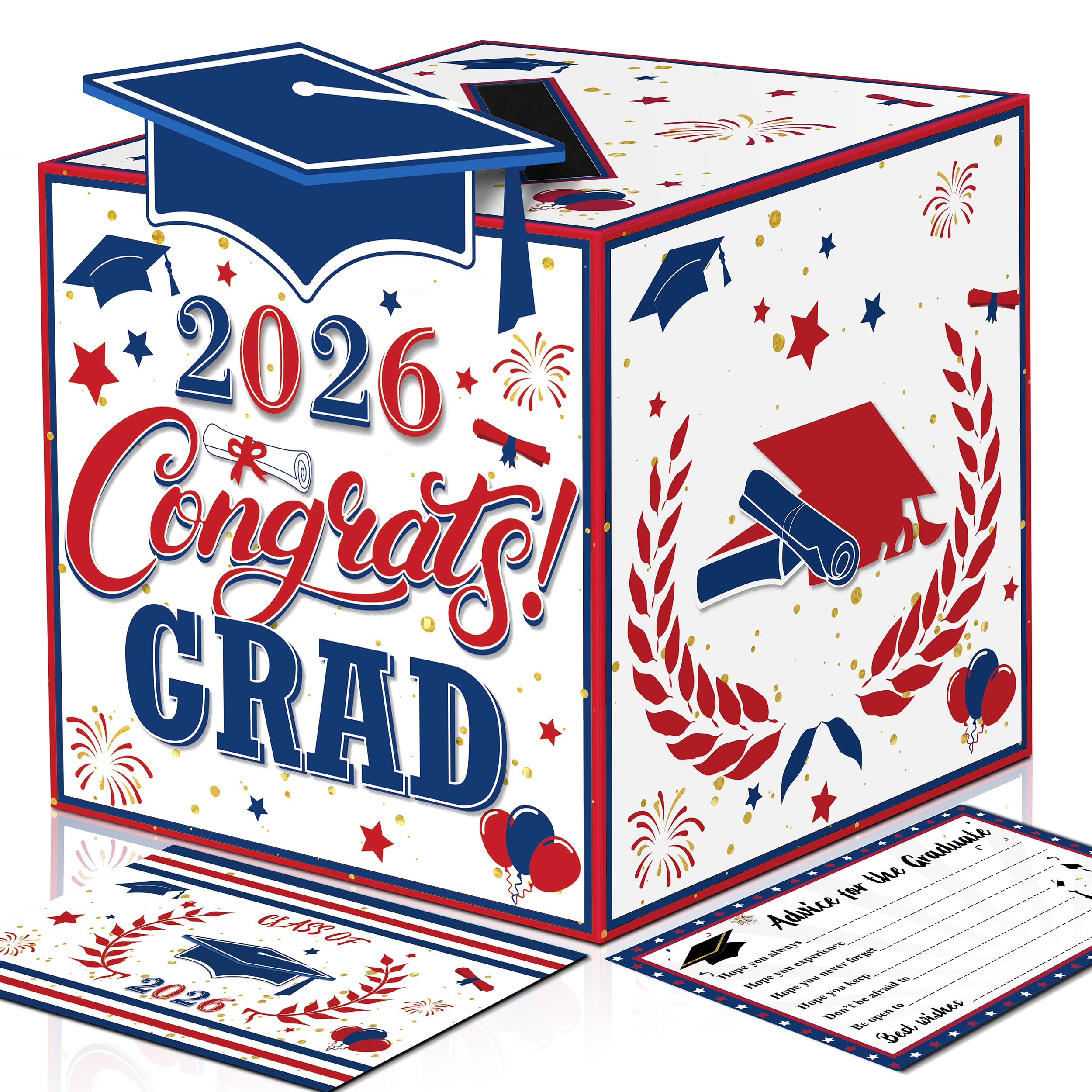algpty Graduation Wish Cards with Red Blue White Card Holder Box - 36PCS Class Of 2026 Advice Cards and 2026 Congrats Grad Card Box for Graduation