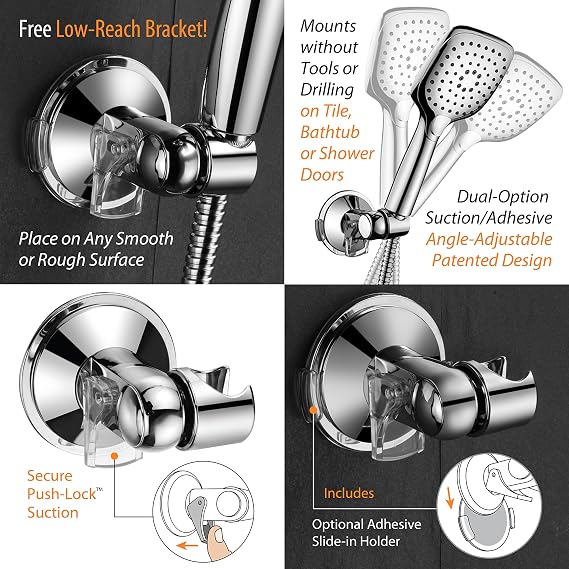 HotelSpa 10.5-in Rain Shower Head/Handheld Combo. Convenient Push-Button Flow Control Button for easy one-handed operation. Switch flow settings with the same hand! Low-Reach Bracket included