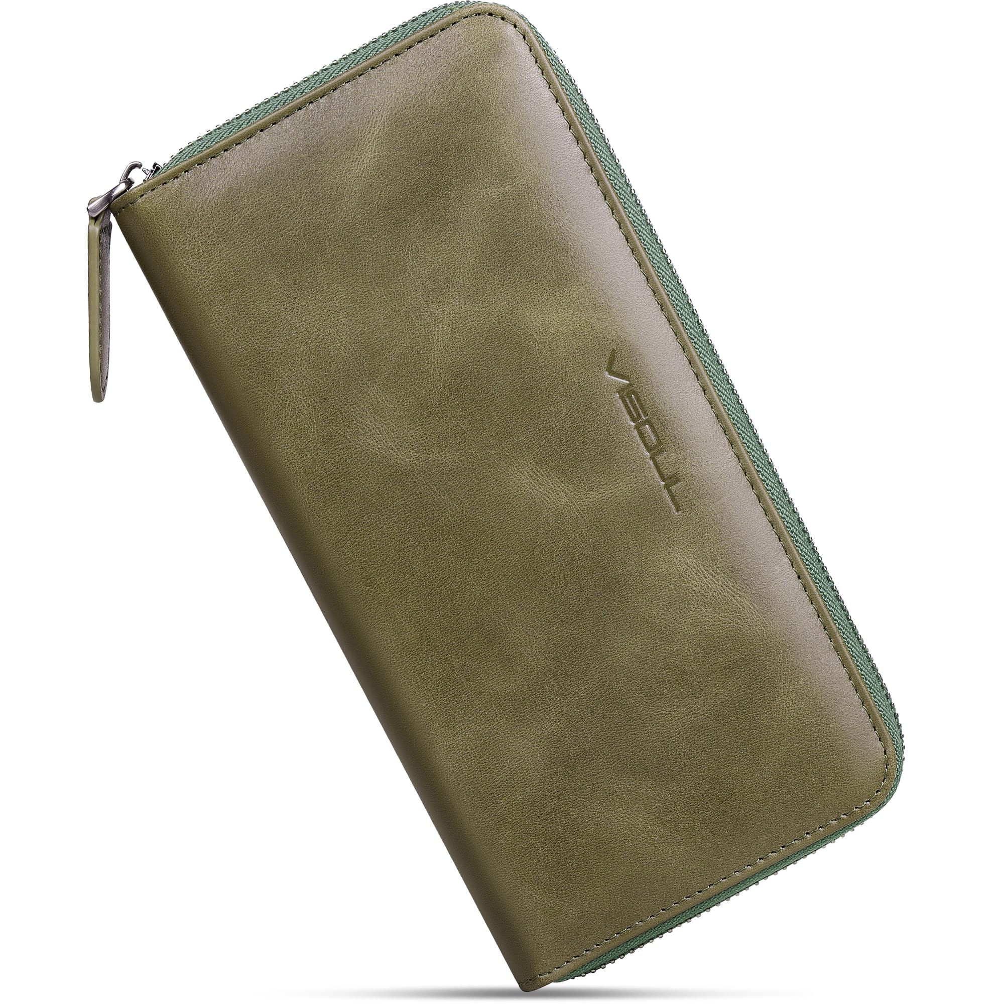 VISOUL Leather Long Zipper Pouch Wallet for Men and Women with RFID Blocking, Large Clutch Cash Long Wallet with Zipper (Olive Green)