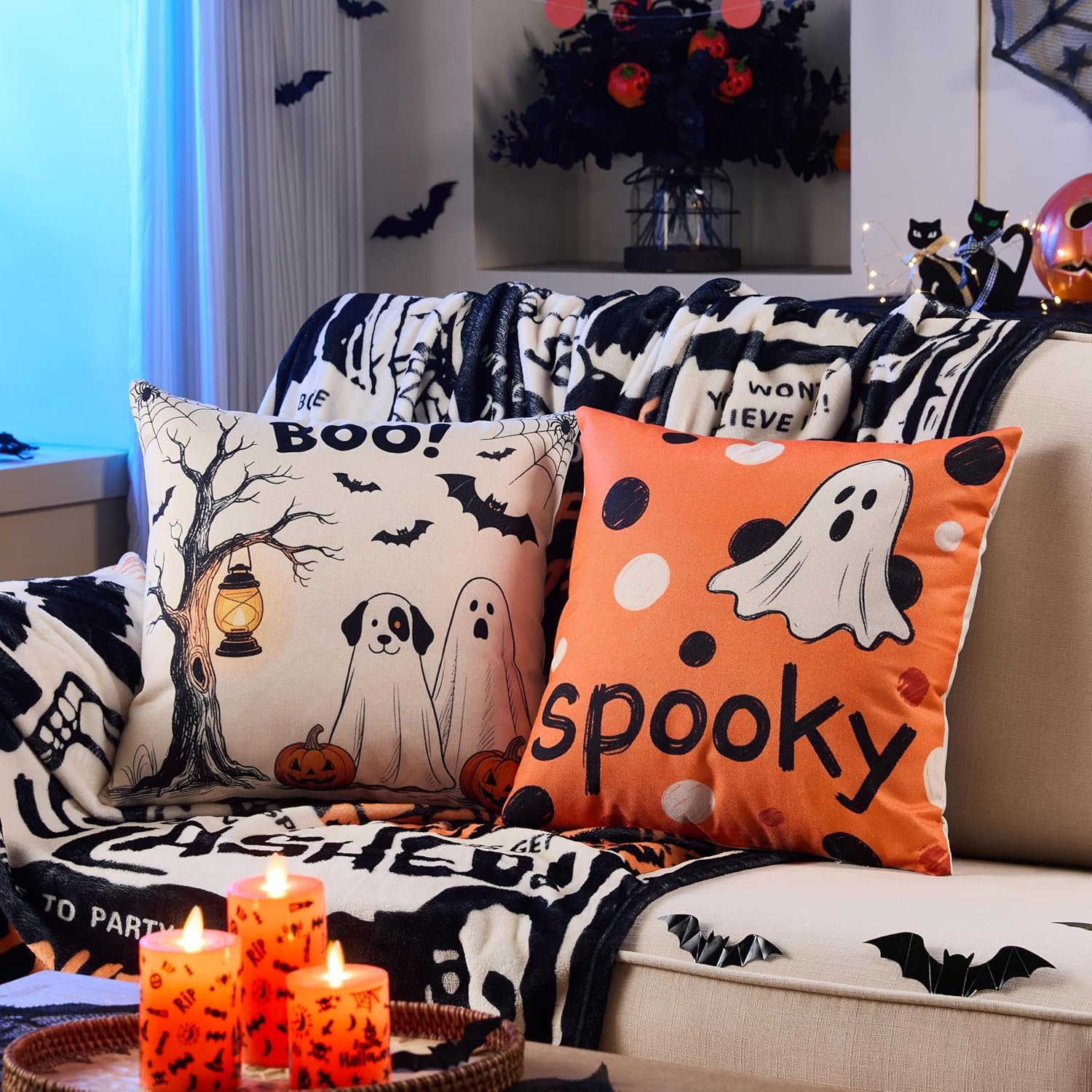 Halloween Ghost Pillow Covers 20x20 Inch,Set of 4 Vintage Halloween Decor Indoor Outdoor Throw Pillow Covers, Trick or Treat Orange Black Linen Cushion Case for Home Sofa Couch Bedroom Chair