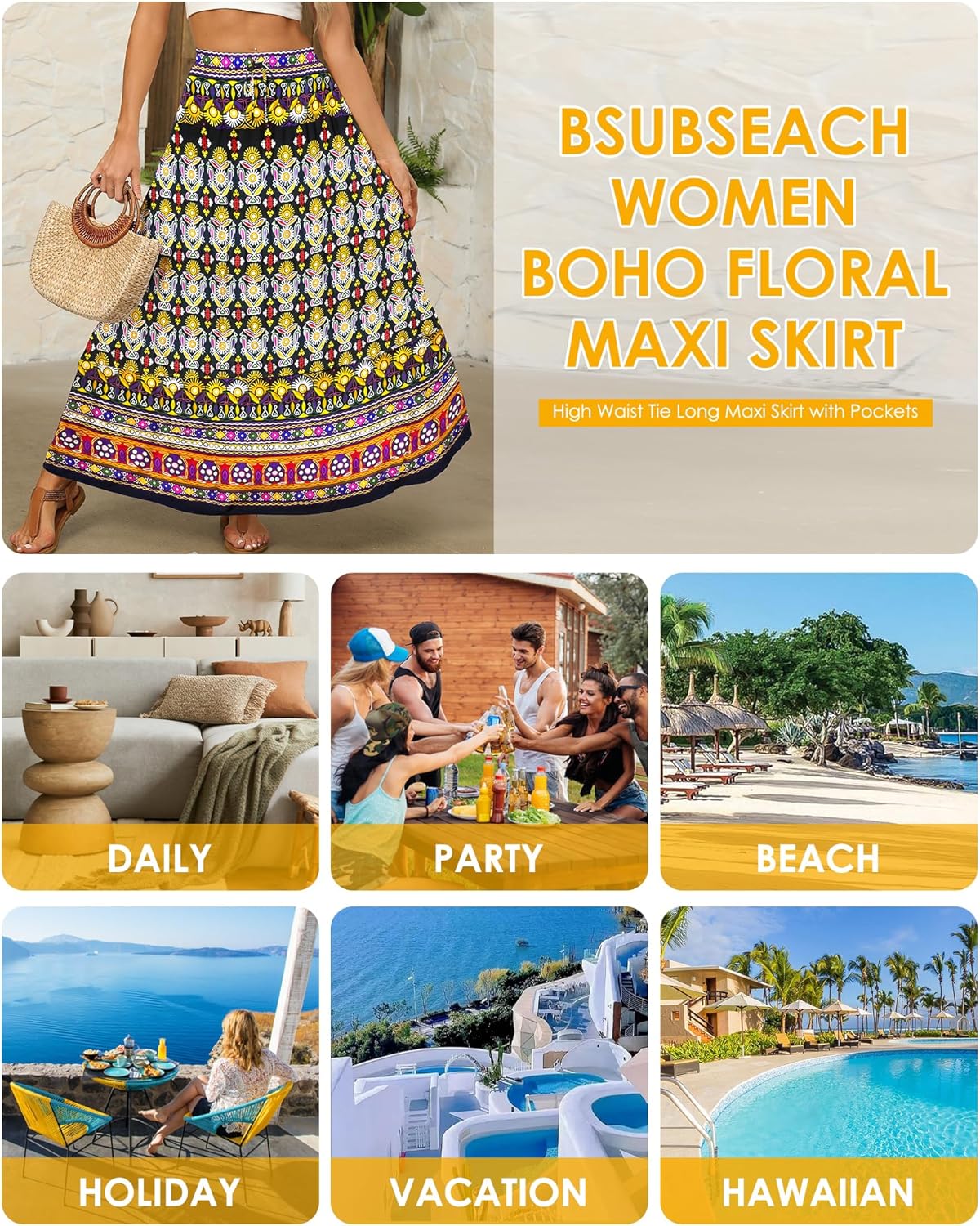 Bsubseach Maxi Skirts for Women 2026 Boho Skirt Long Flowy Skirts A Line Floral Skirt with Pockets Bohemian Trendy Summer - Image 7