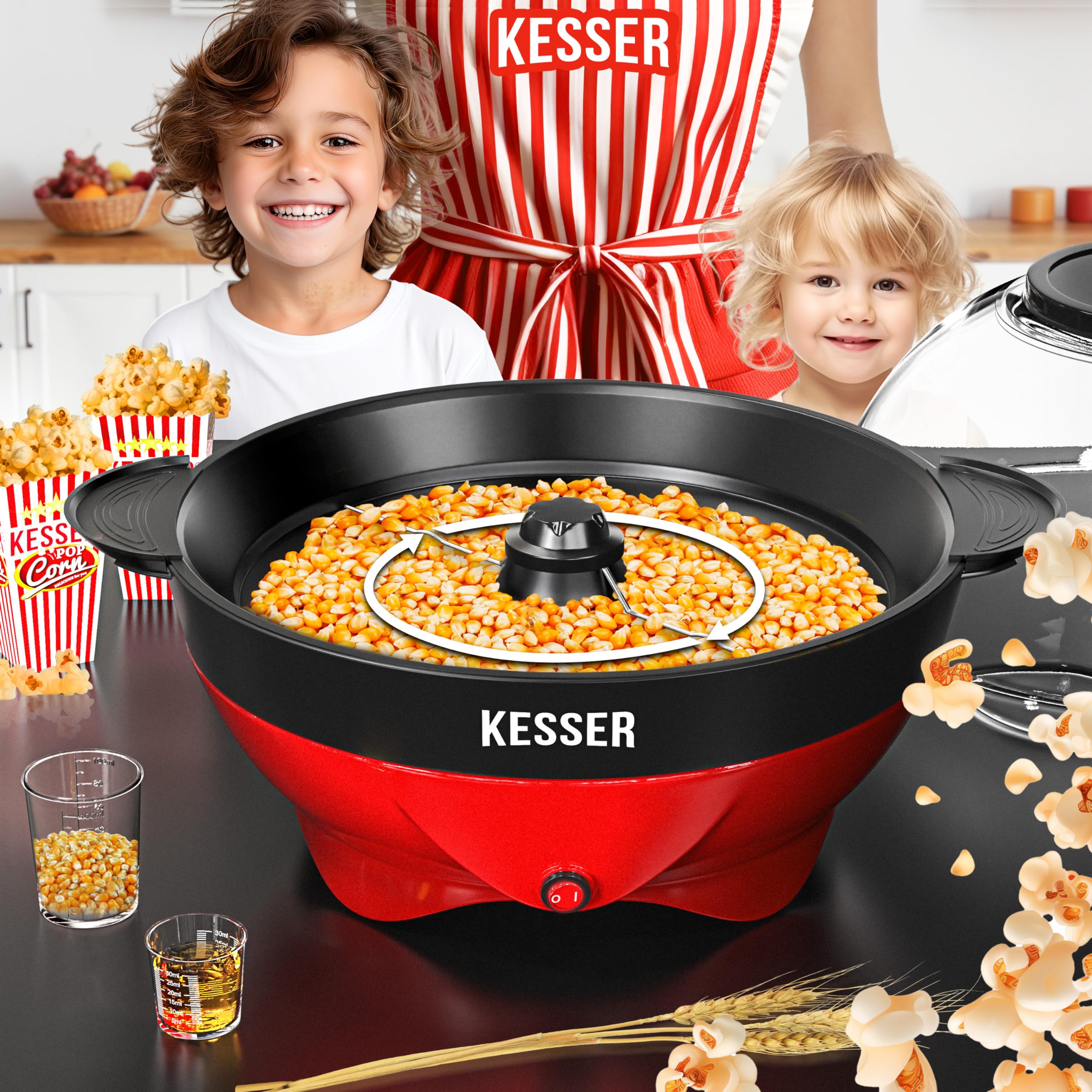 KESSER® Popcornmaschine Groß 800W | Popcorn-Maker 5,5l Inhalt mit Antihaftbeschichtung Deckel & Servierschale | für Öl Butter Zucker Stille & Schnelle inkl. Mess-&Popcornbecher abnehmbarer Heizfläche