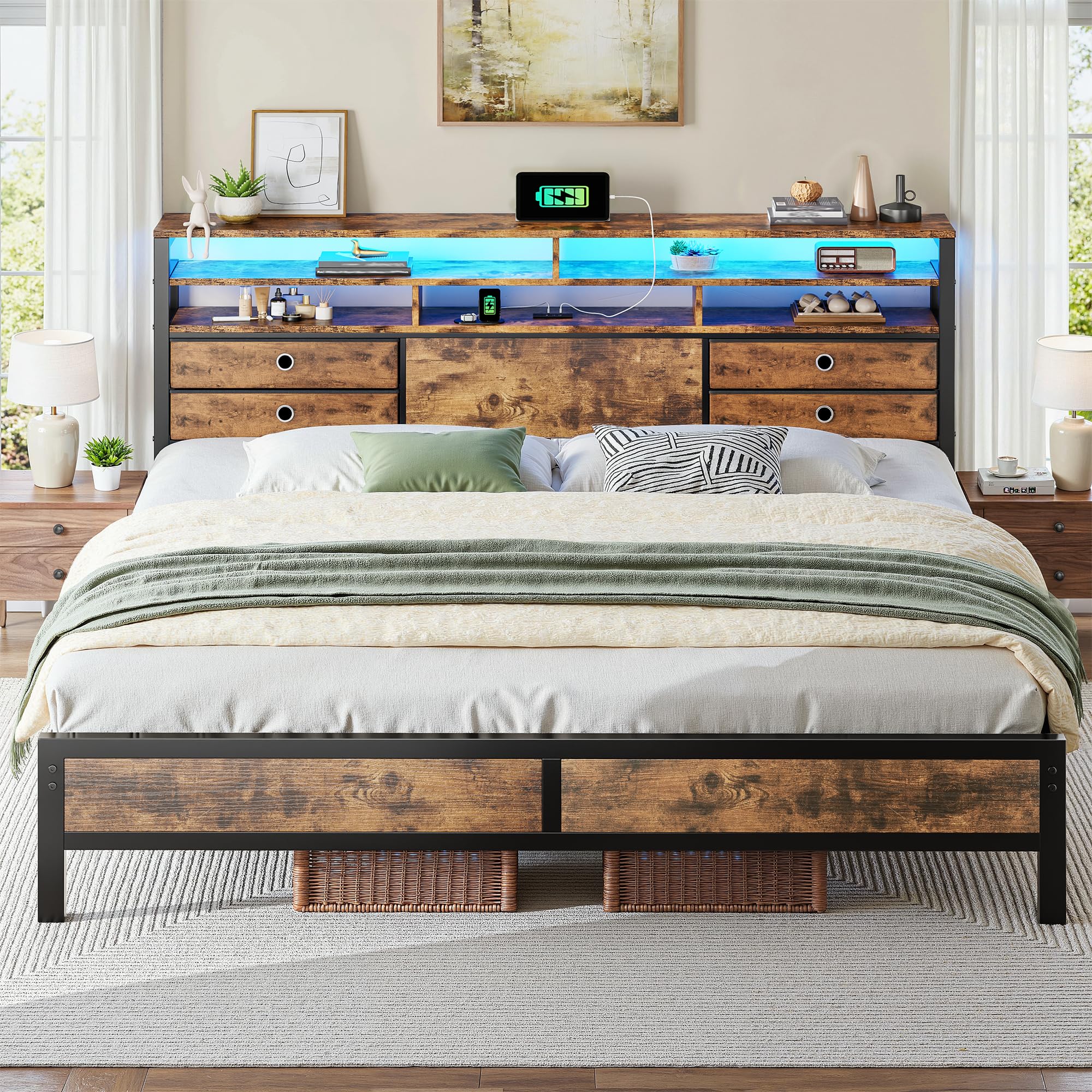 King Bed Frame with 2-Tier Storage Headboard and 4 Drawers Metal Platform Bed Frame with LED Lights Charging