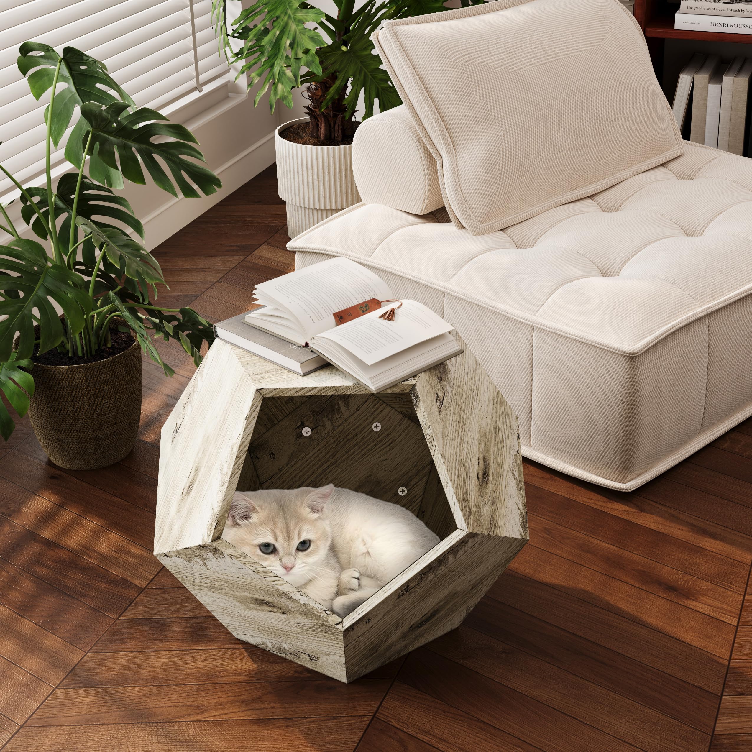 Katzenbett Katzenhöhle Katzenhaus Multifunktionales Katzenzubehör - Moderner Katzenmöbel Träger als Pflanzkübel, 66 cm aus MDF in Weißeiche