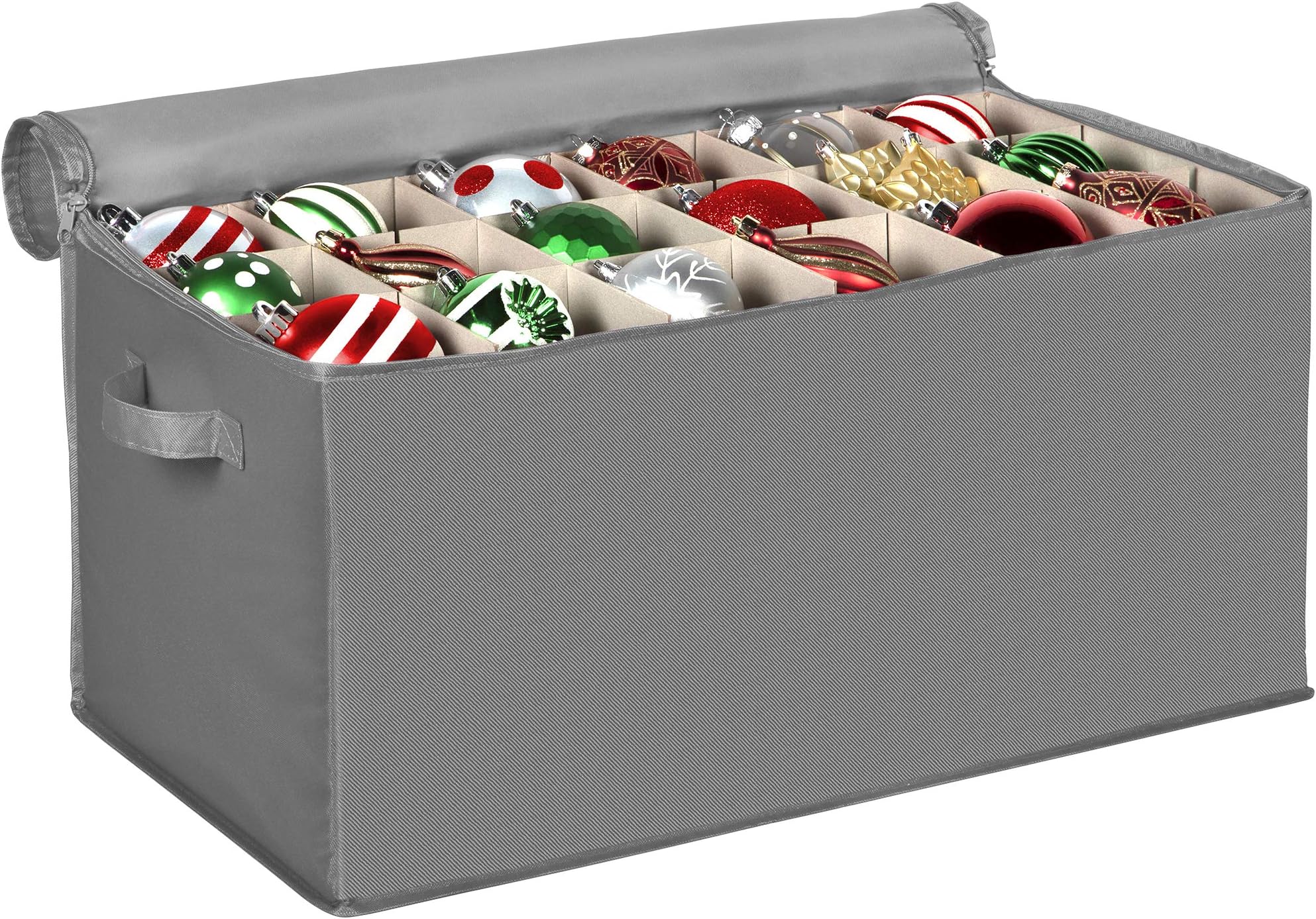 Christmas Ornament Storage Container with Dividers -Box Stores Up to 54-4" Ornaments, Zippered, Convenient, Adjustable, Heavy Duty 600D, Large Organizer Bin to Protect and Store Holiday Décor (Grey)