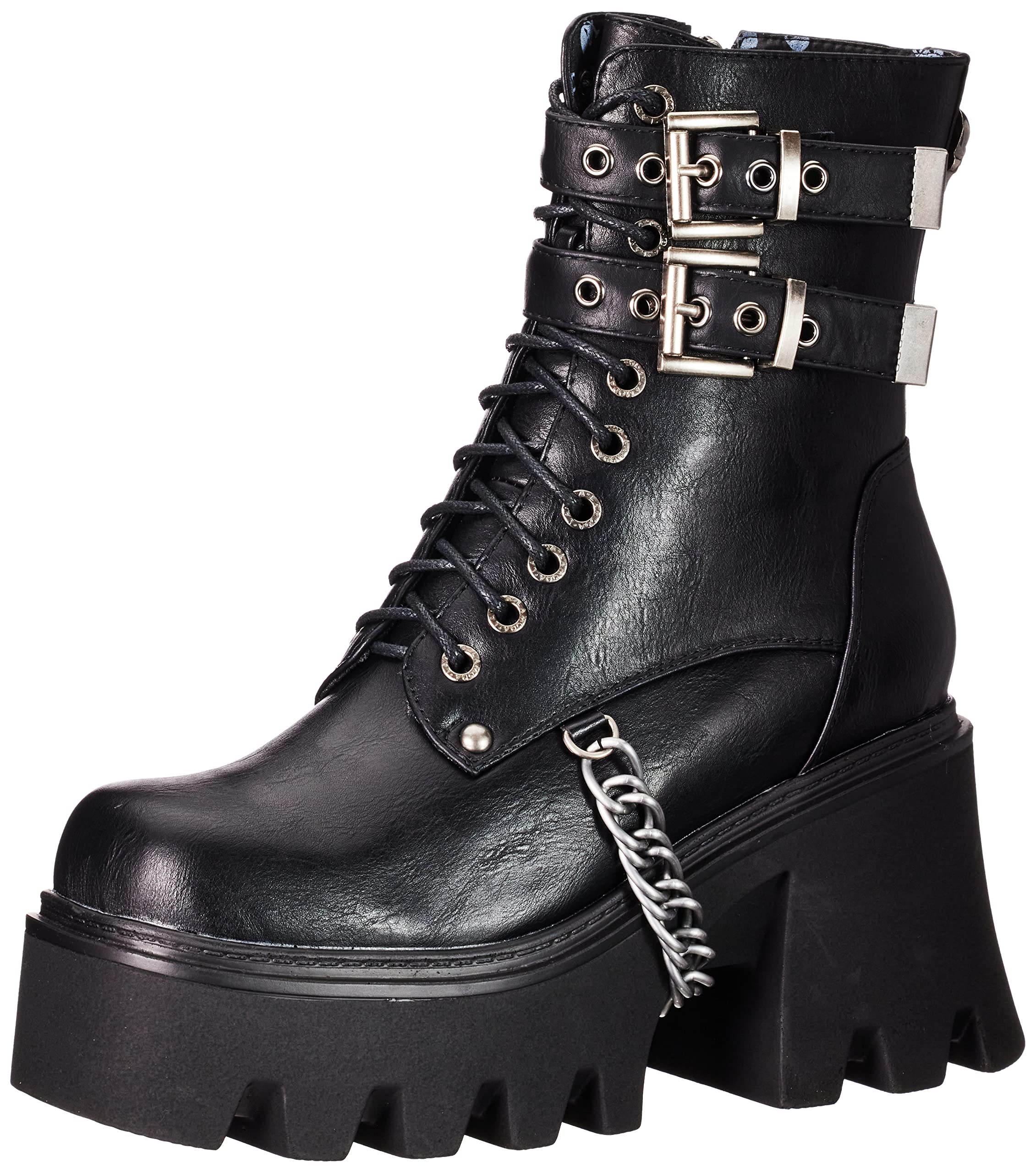 LAMODA Women's Hostage Platform Ankle Boot, Black PU, Lace-Up Chunky Ladies Combat Boots with Size Zipper, Mid Calf Chelsea Boots, Buckle & Chain UK 8