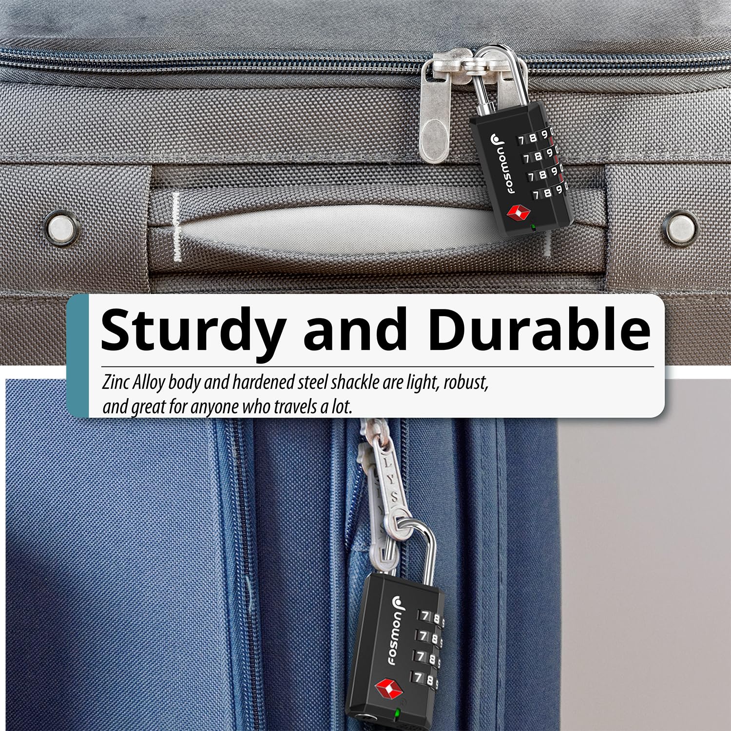 Fosmon Cadenas à code pour vélo, valise, sac de voyage, casier ou sac à dos – Utile pour sécuriser tous les bagages – Approuvé TSA – Cadenas à combinaison à 4 chiffres – Lot de 4, Noir