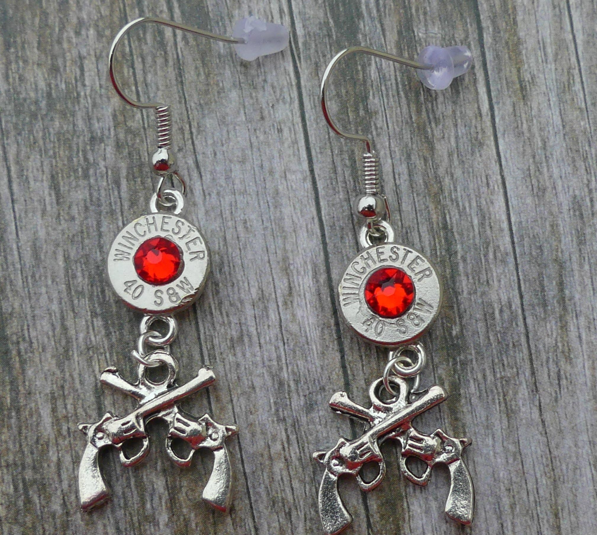 Winchester Bullet 40 Caliber Earrings with Double Gun Charm Light Siam Swarovski.