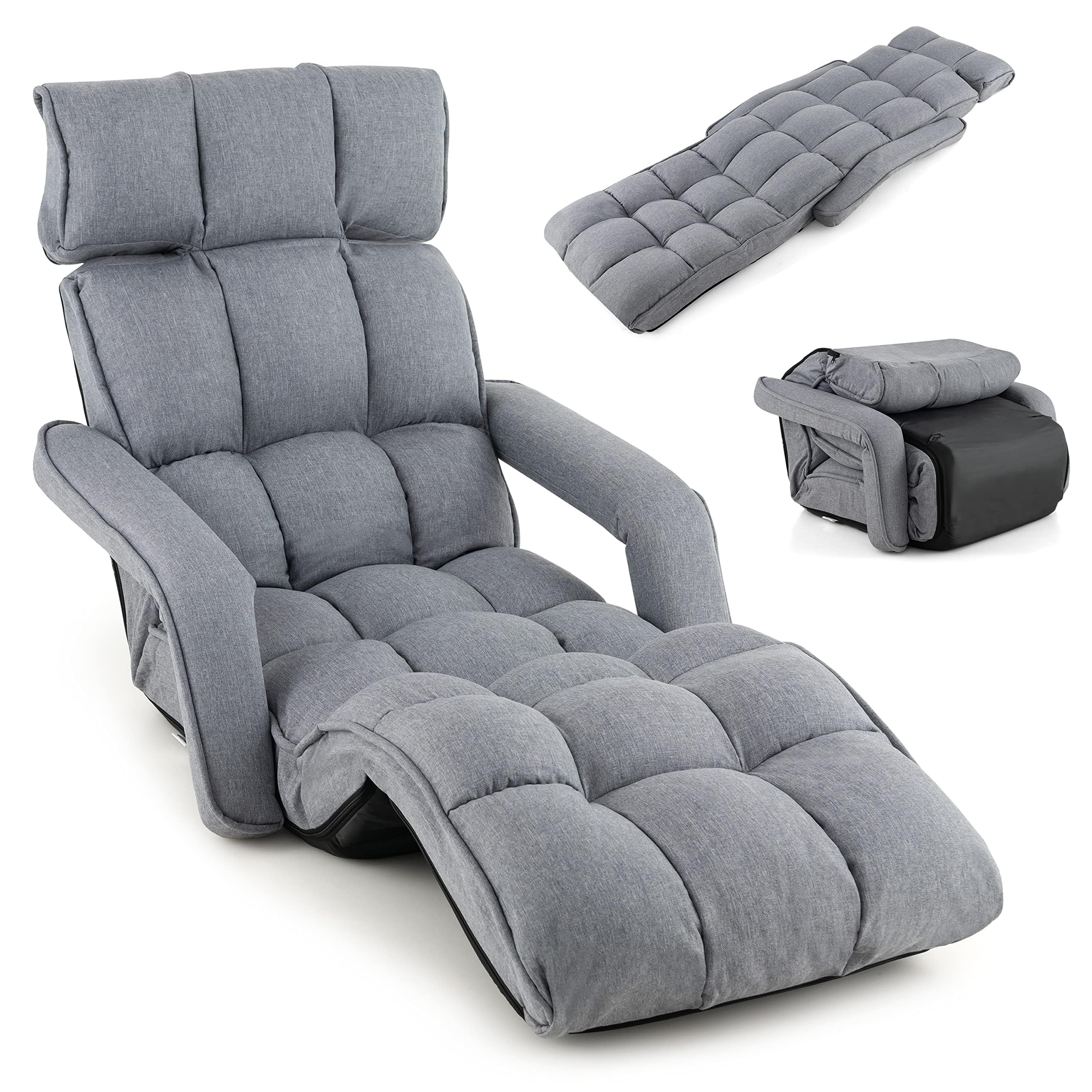 RELAX4LIFE Sedia da Pavimento Pieghevole, Chaise Longue Pieghevole, Poltrona Reclinabile, in 5 Posizioni, Struttura Interna in Tubo d'Acciaio (GRIGIO)
