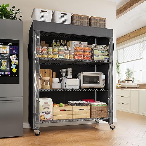 Miniatura 2 de REIBII Estantería de alambre de 4 niveles con cubierta y ruedas, estantería de metal resistente para estantes de almacenamiento de dormitorio,