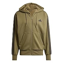 adidas Uomo Essential Three Stripes Fleece Zipper Hoodie, Olive Strata, Black, XL