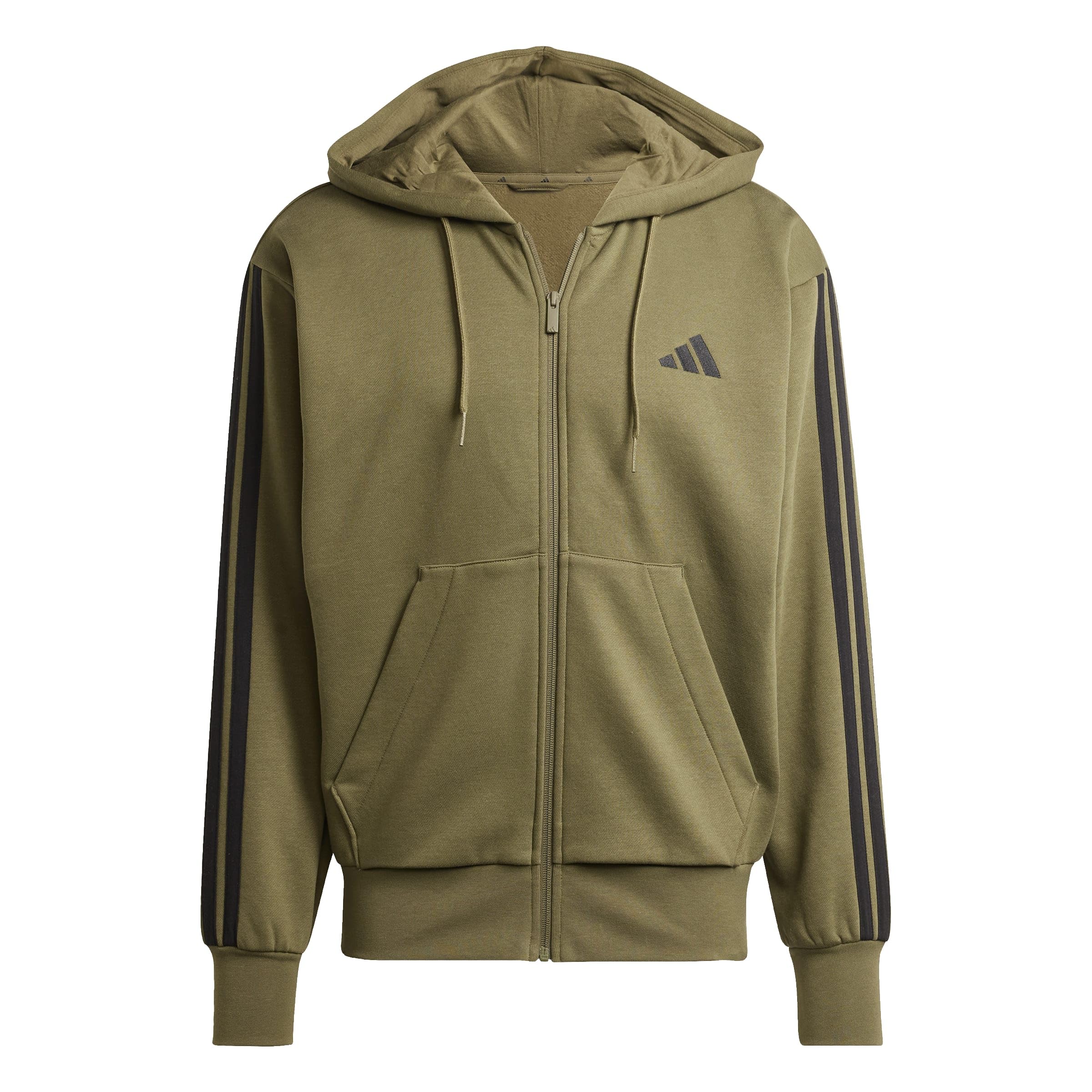 adidas Men's Essential Three Stripes Fleece Zipper Hoodie Sweatshirt, olive strata/black, XXL