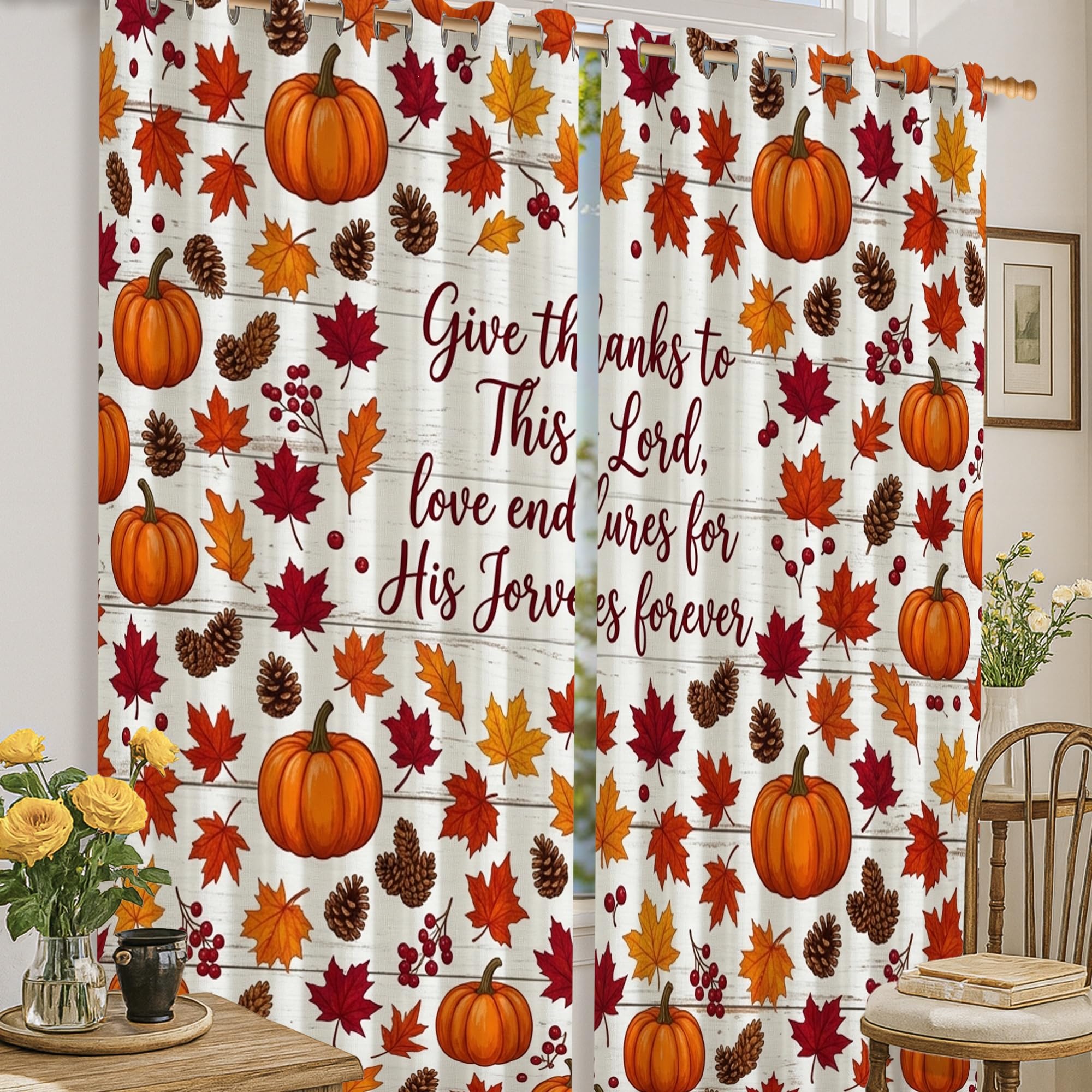 Rideaux occultants citrouilles et feuilles de pin pour déco de cuisine
